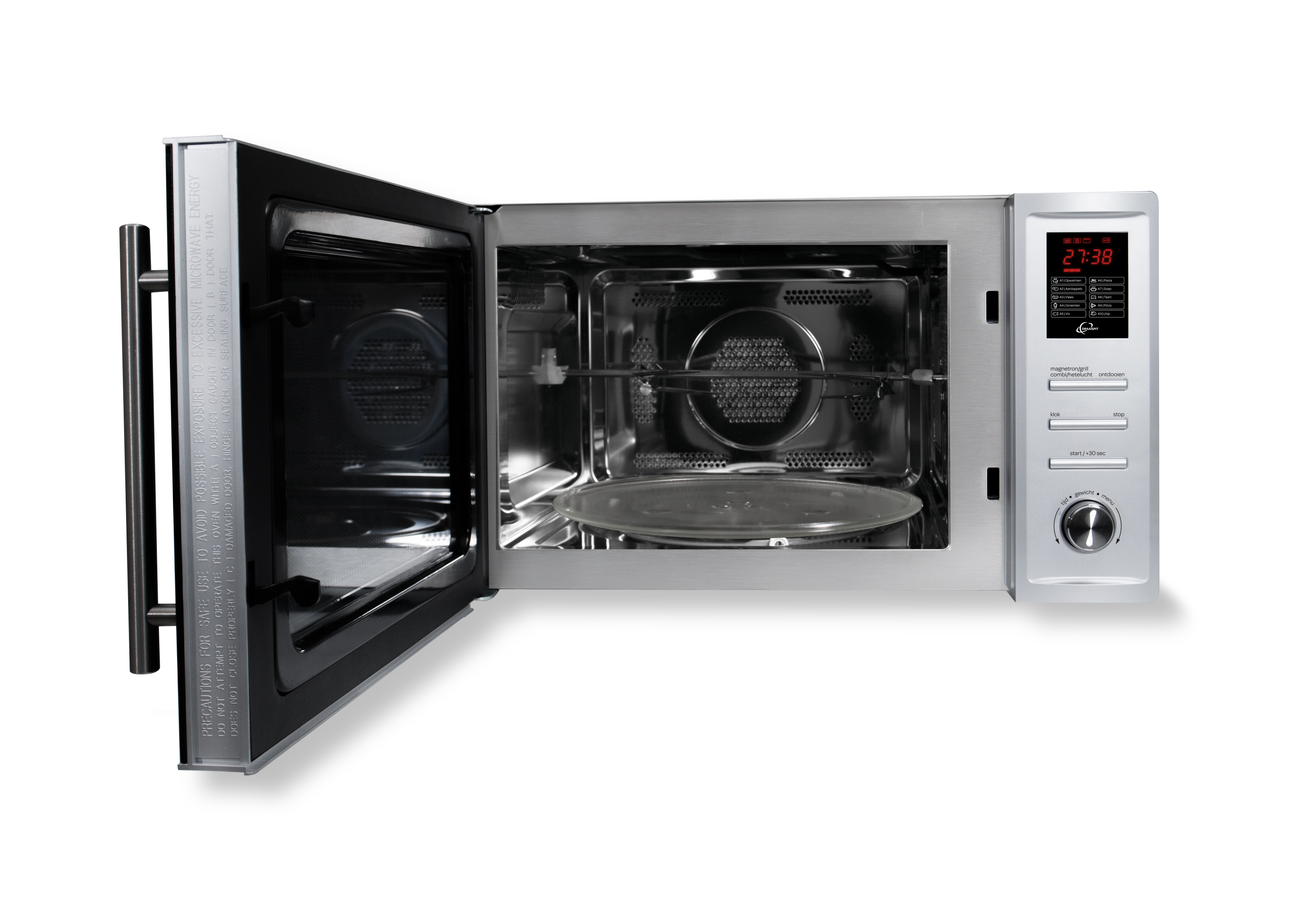 Forno a microonde argentato con porta aperta. Piatto di vetro all'interno. Il display digitale mostra l'ora.
