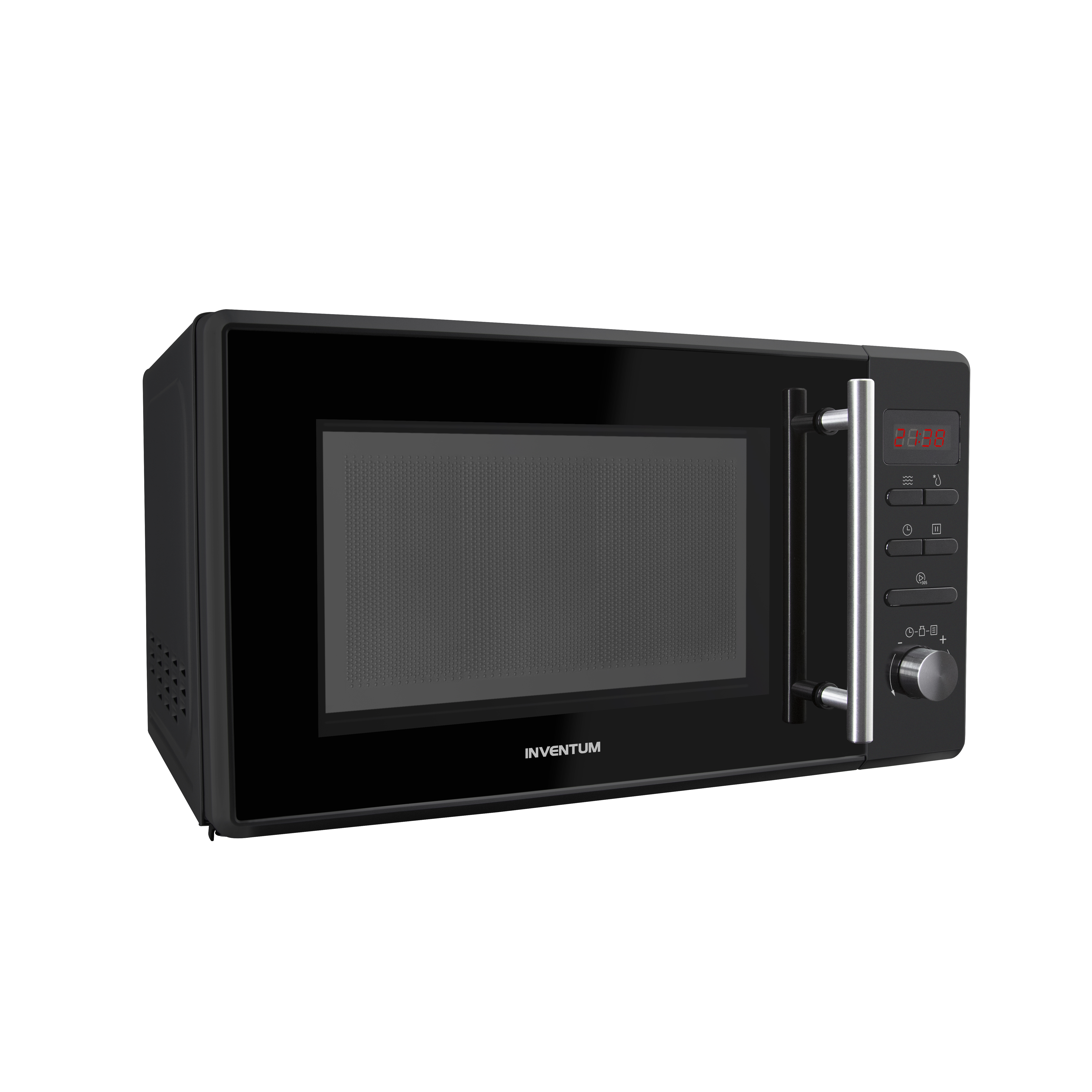 Zwarte magnetron met glazen deur, bedieningspaneel met knoppen en digitale klok.