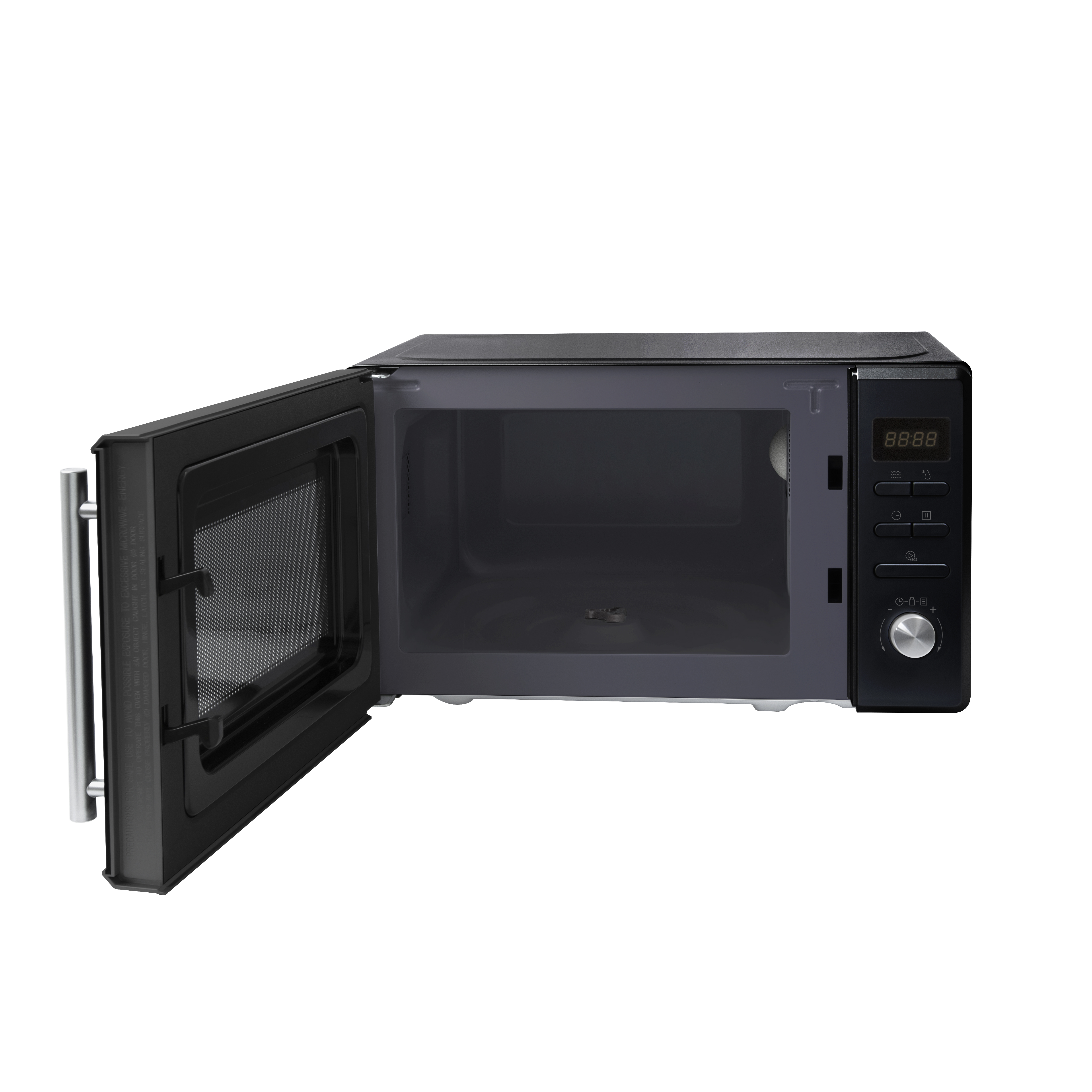 Zwarte magnetron, open deur, interieur zichtbaar, met digitaal display en bedieningspaneel rechts.