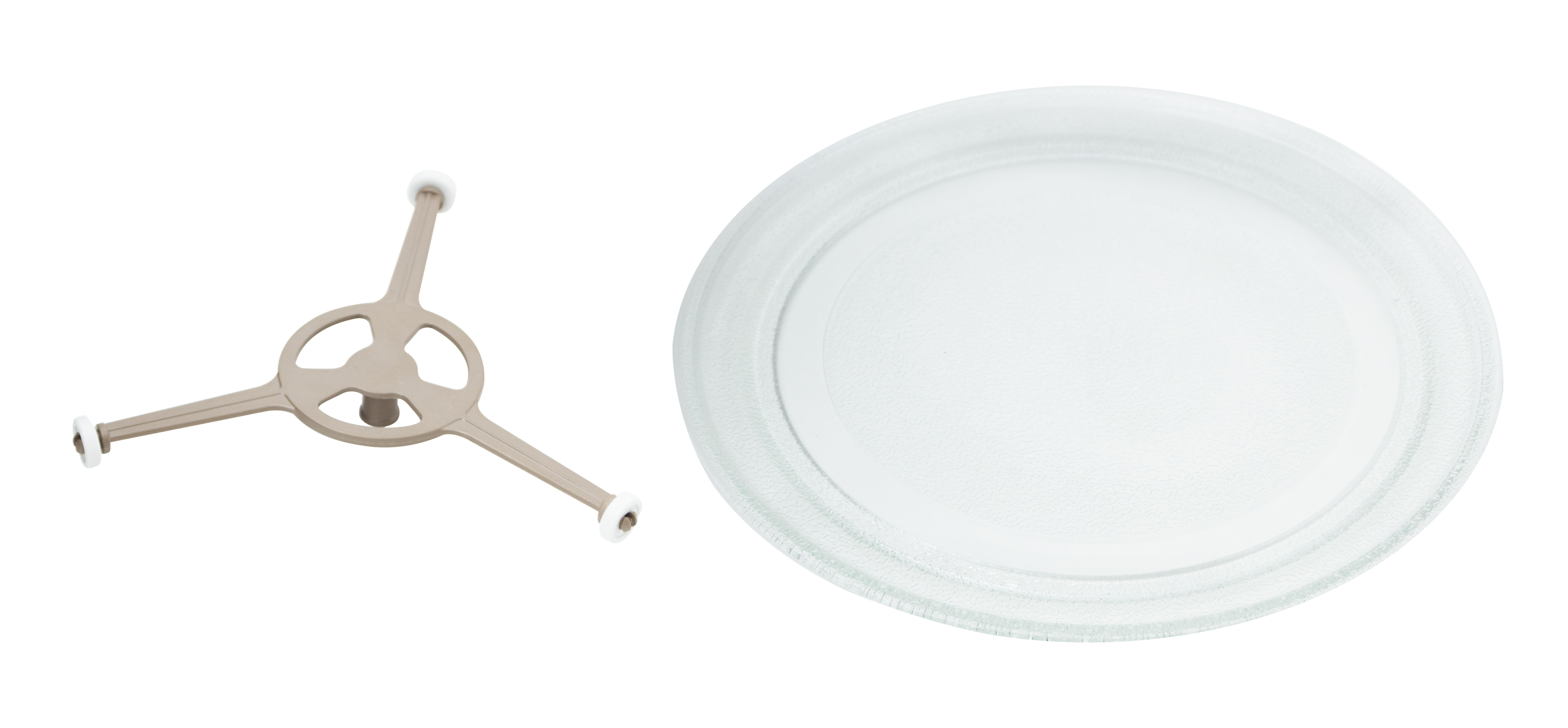 Composants de micro-ondes: support rotatif et plaque de verre, tous deux sur fond blanc.