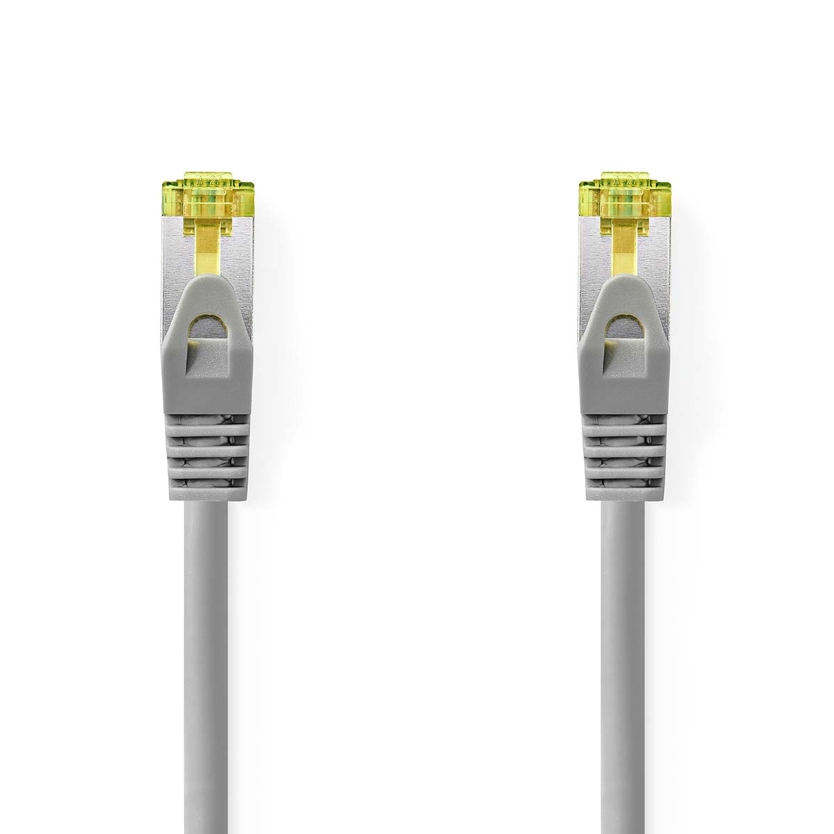 Dwa szare kable Ethernet z wtykami na białym tle.