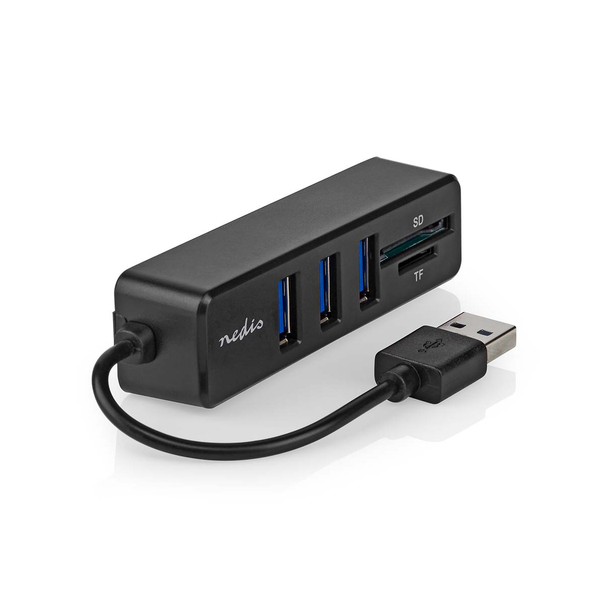 Un hub USB nero con più porte e un cavo USB collegato, su sfondo bianco.