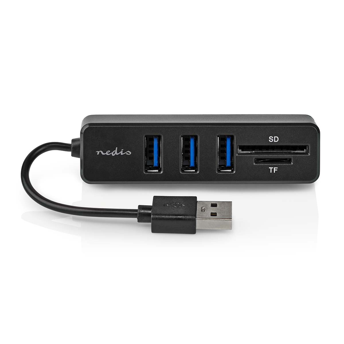 Hub USB nero con tre porte USB e slot per schede SD/TF.