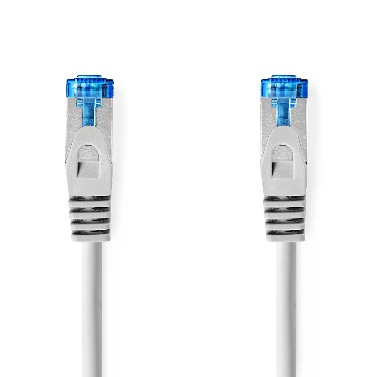Zwei weiße Ethernet-Kabel mit blauen Steckern. Weißer Hintergrund.