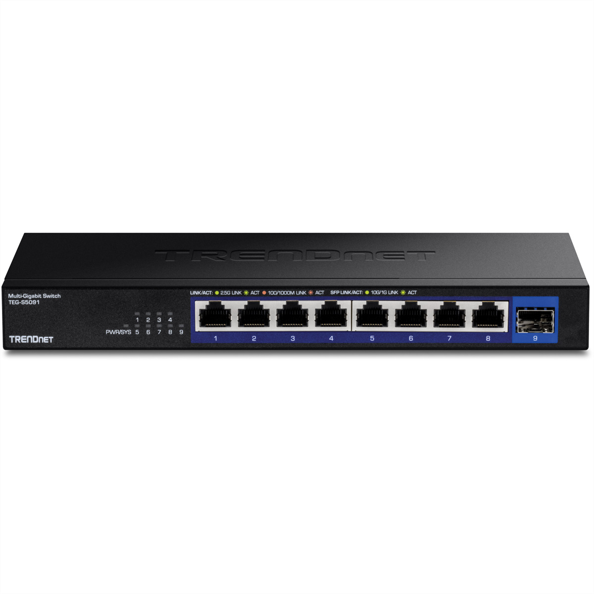 Un commutateur multi-gigabit TRENDnet noir avec 9 ports. Affiche les ports et les indicateurs de connexion.