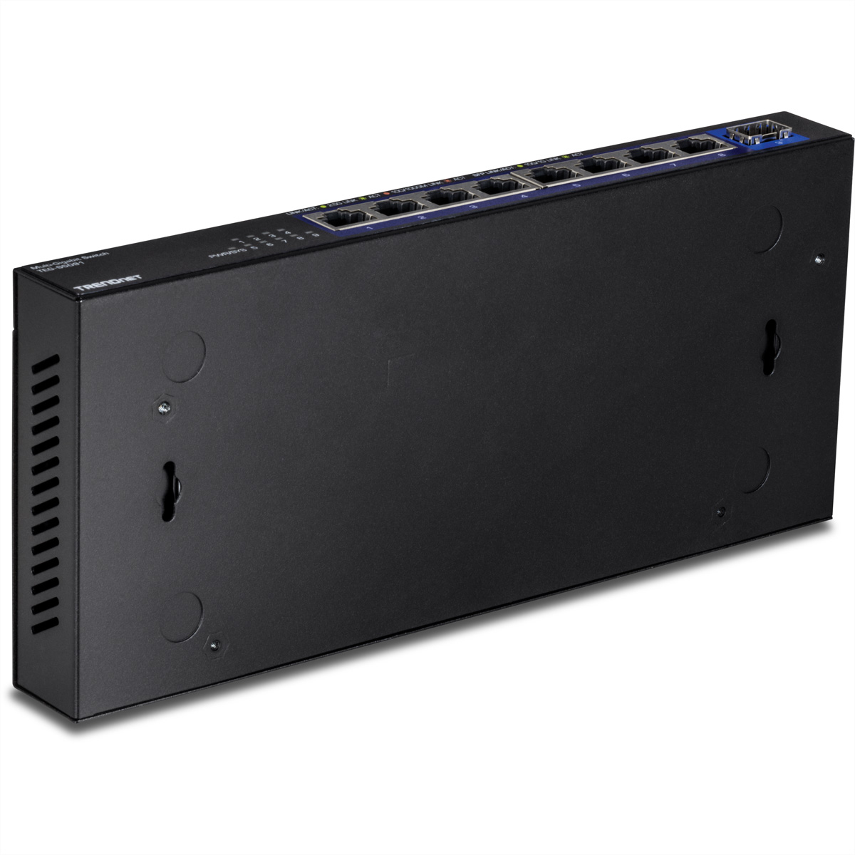 Commutateur réseau noir avec plusieurs ports, accents bleus et logo TRENDnet.