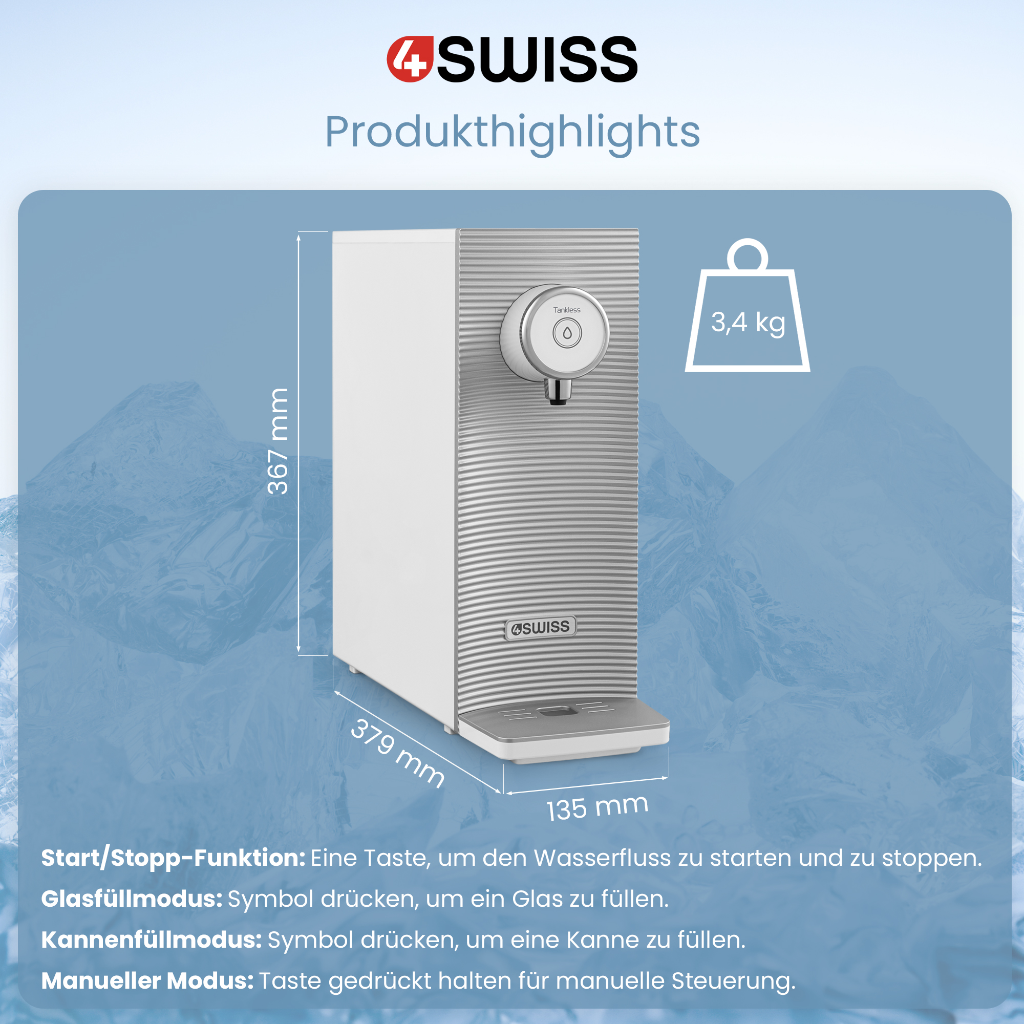 Weißer Wasserspender mit Abmessungen und Text auf Deutsch: Start/Stop-Funktion usw.