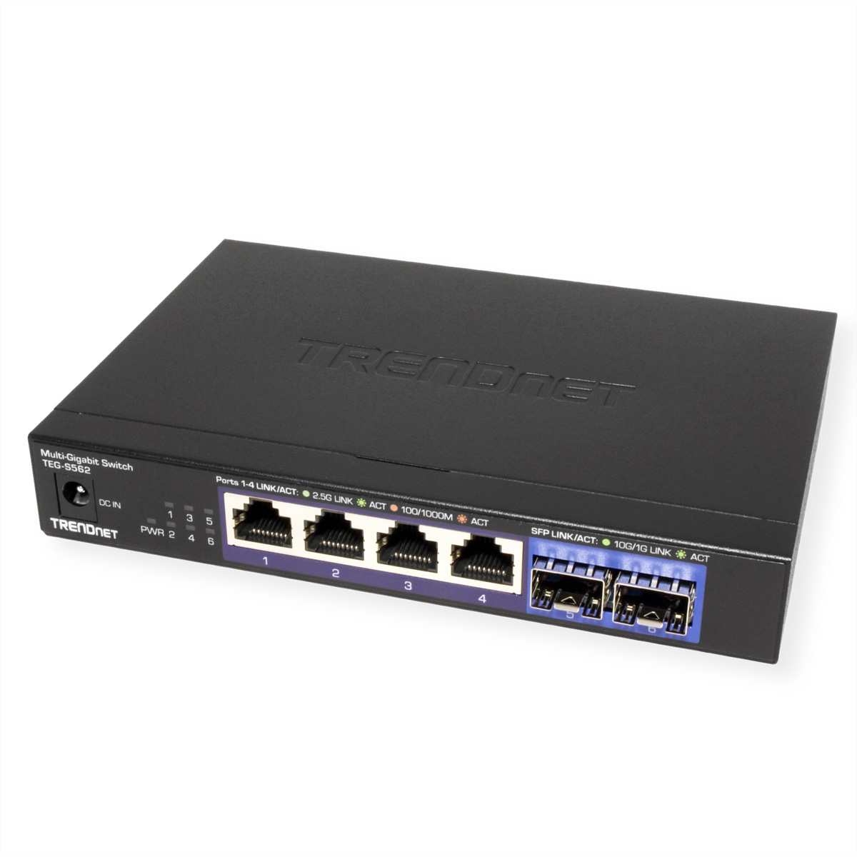 Commutateur multi-gigabit noir avec la marque TRENDnet. Il possède plusieurs ports et des LED.