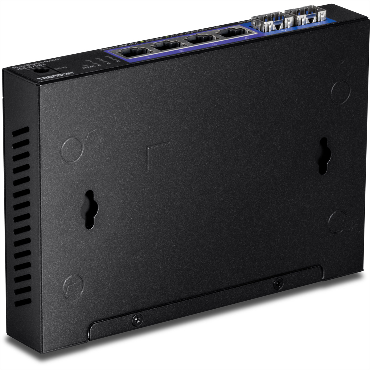 Commutateur réseau noir avec plusieurs ports. L'appareil est rectangulaire et possède un boîtier noir. Des ports bleus et violets sont visibles.