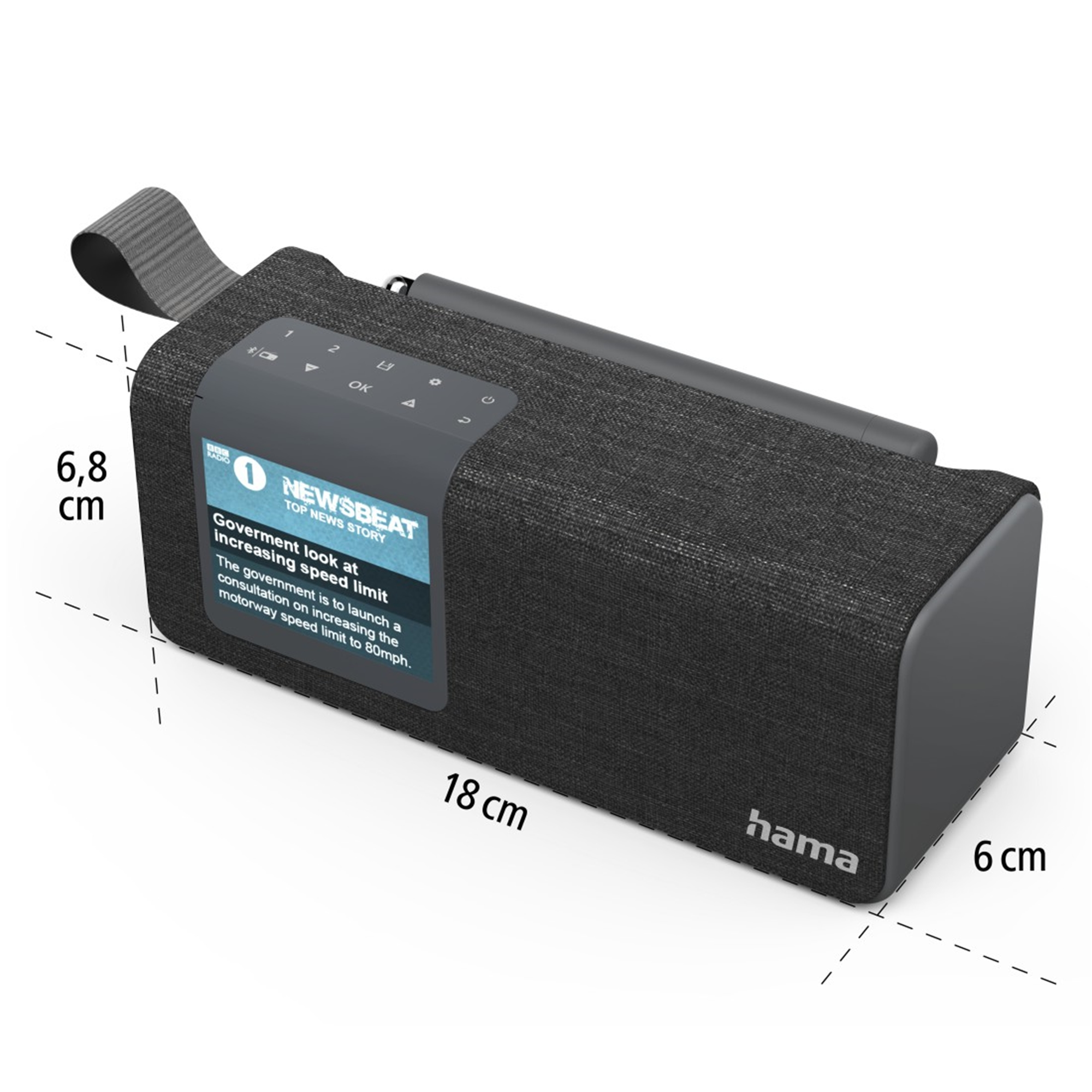 Radio portátil negro con una pantalla que muestra una noticia. Se muestran las dimensiones.