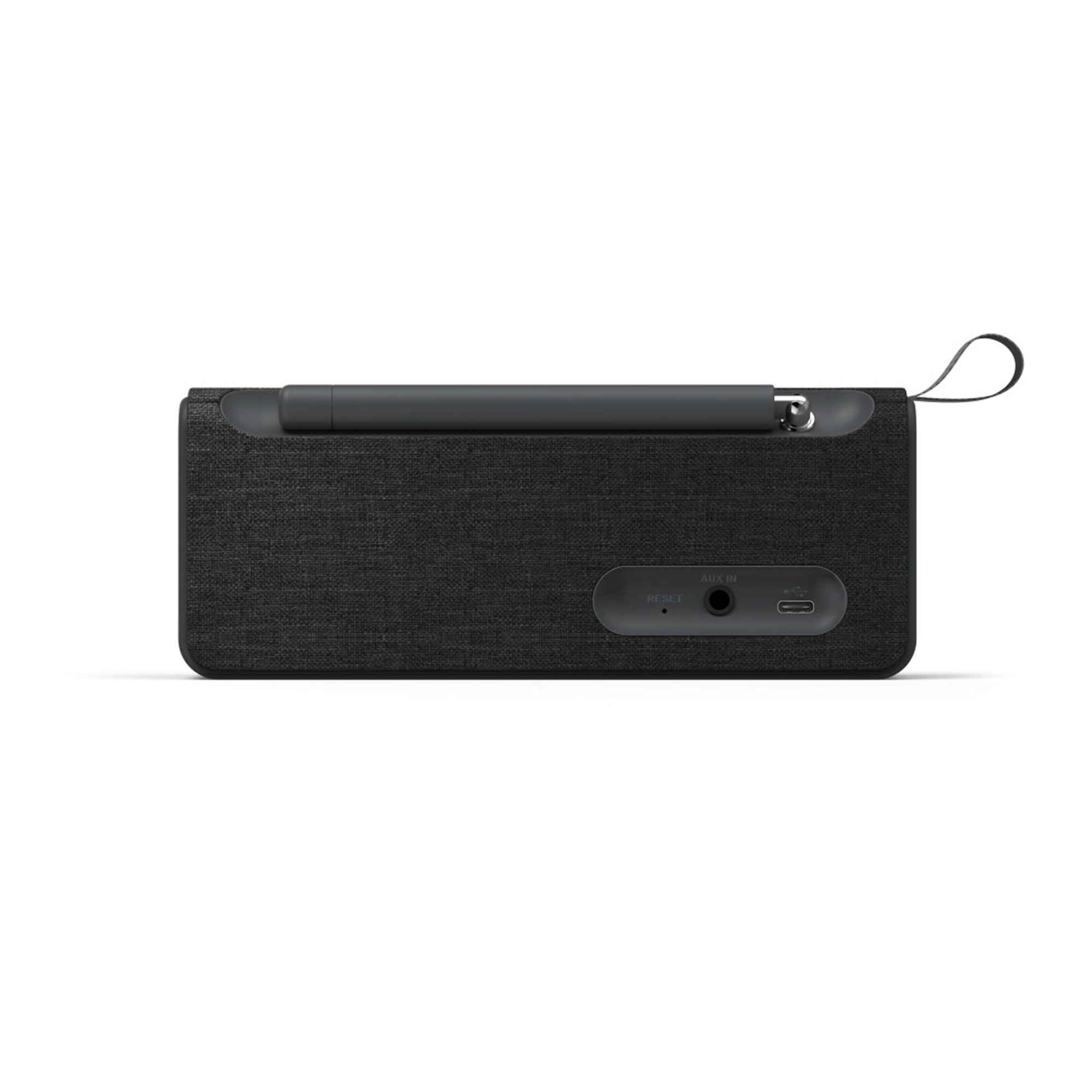 Un altavoz rectangular negro con textura de tela. Tiene puertos y botones en la parte trasera.