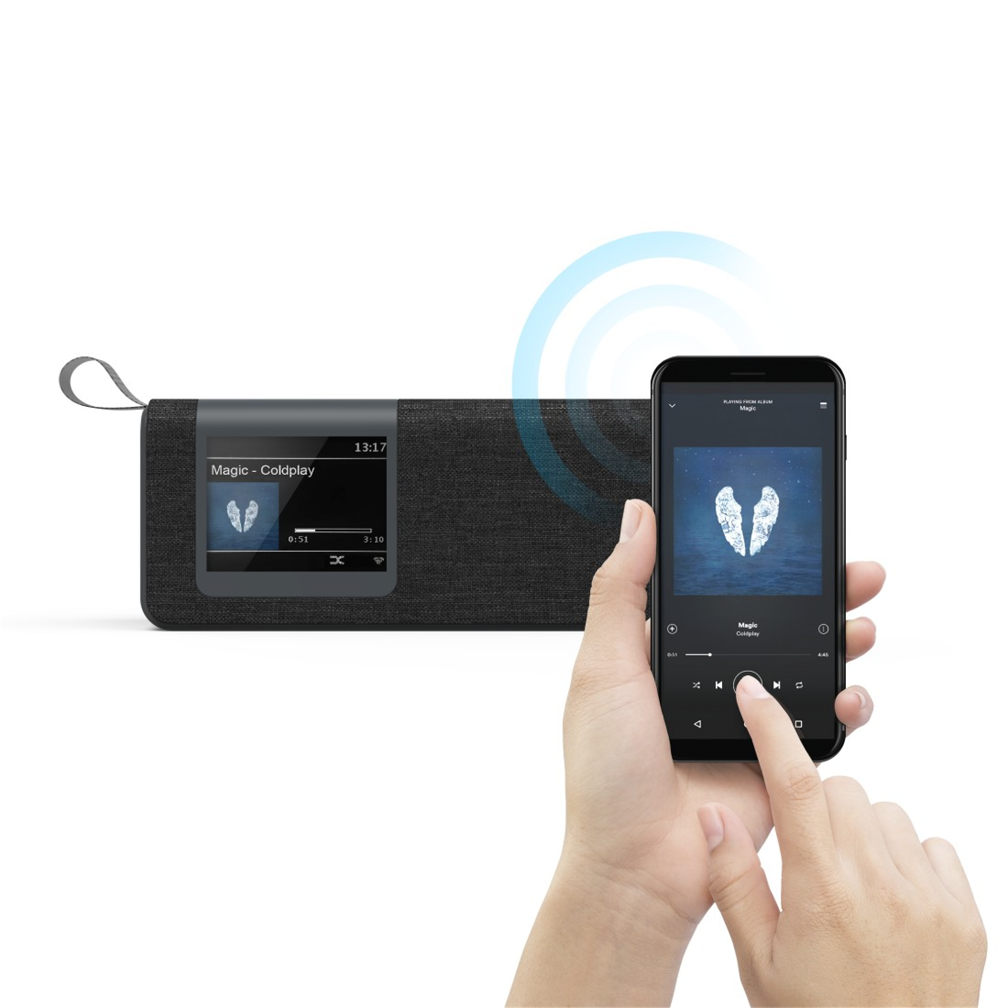 Un altavoz portátil con pantalla y un teléfono inteligente reproduciendo música. Fondo blanco.