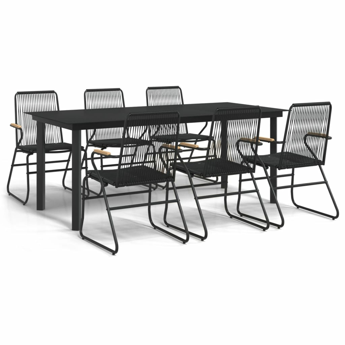 Schwarzes Ess-Set für den Außenbereich mit Tisch und sechs Stühlen.