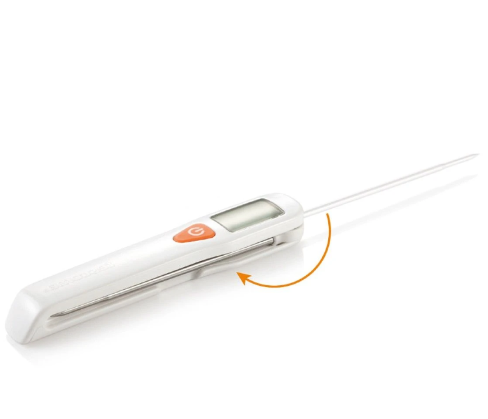 Weißes digitales Thermometer mit orangefarbener Taste, das die Temperatur anzeigt.