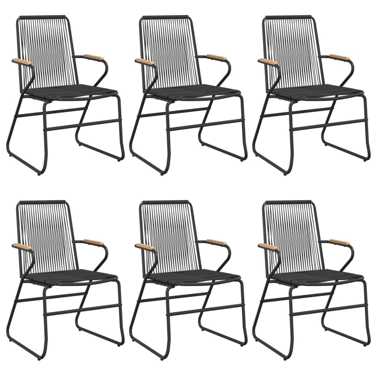 Sechs schwarze Stühle mit Holzarmlehnen. Sie haben eine schwarze gewebte Sitzfläche und Rückenlehne mit Metallrahmen.