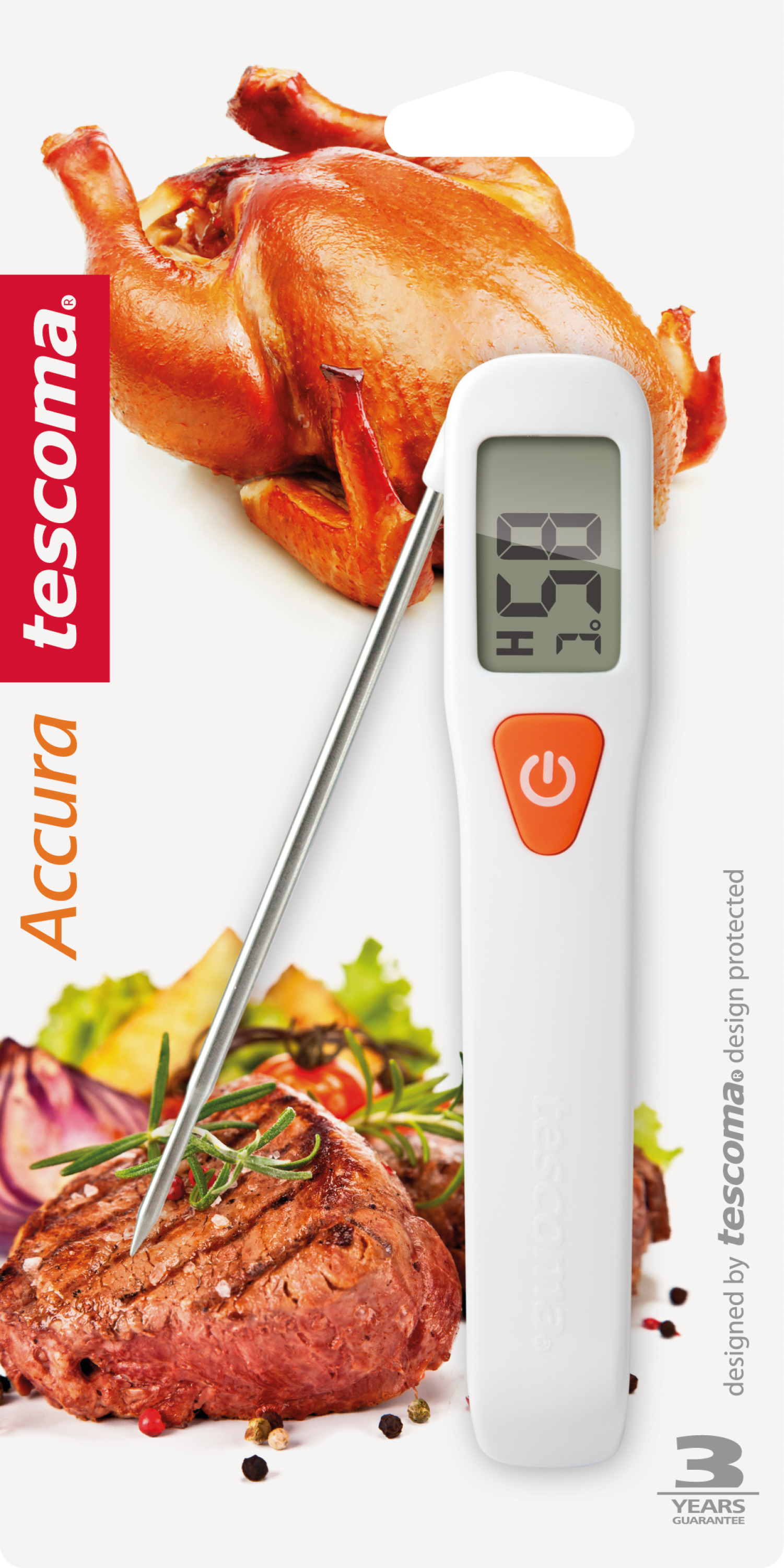 Weißes digitales Lebensmittelthermometer mit orangefarbener Taste, Temperaturanzeige. Verpackung mit Essen.