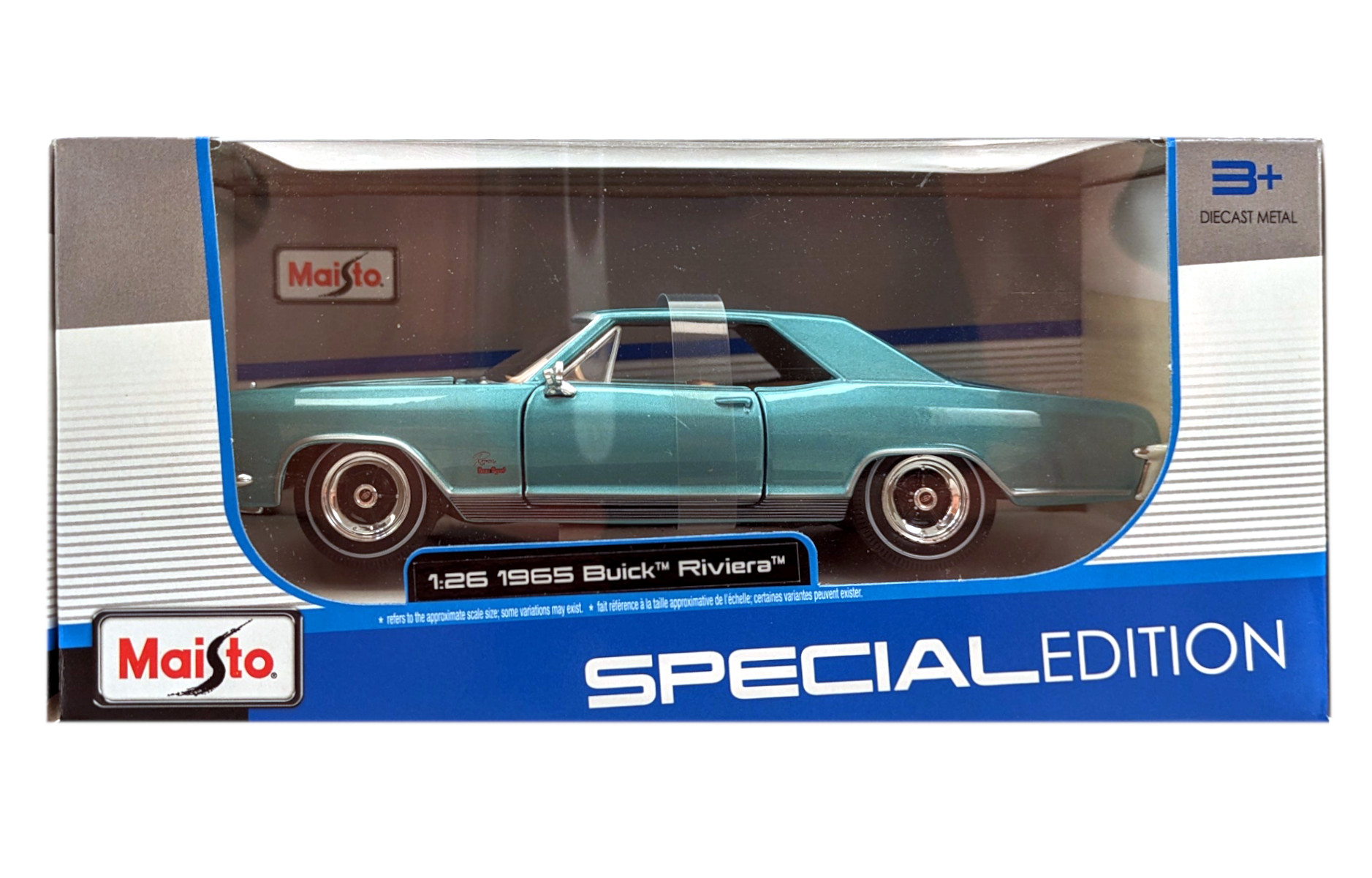 Spielzeugauto in einer Box, teal 1965 Buick Riviera.
