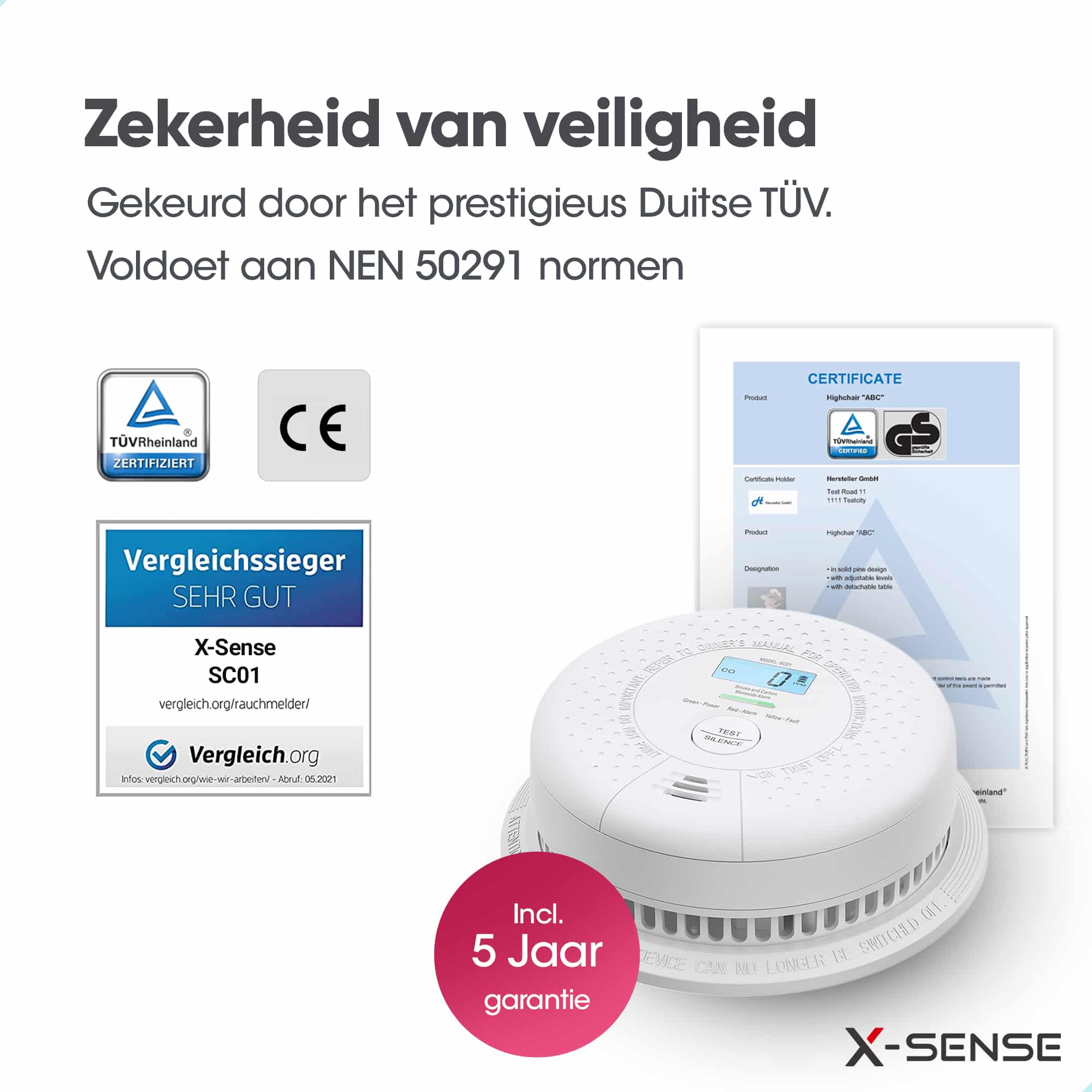 Rauchmelder mit Zertifizierungen, einem rosa Garantieaufkleber und Produktdetails.