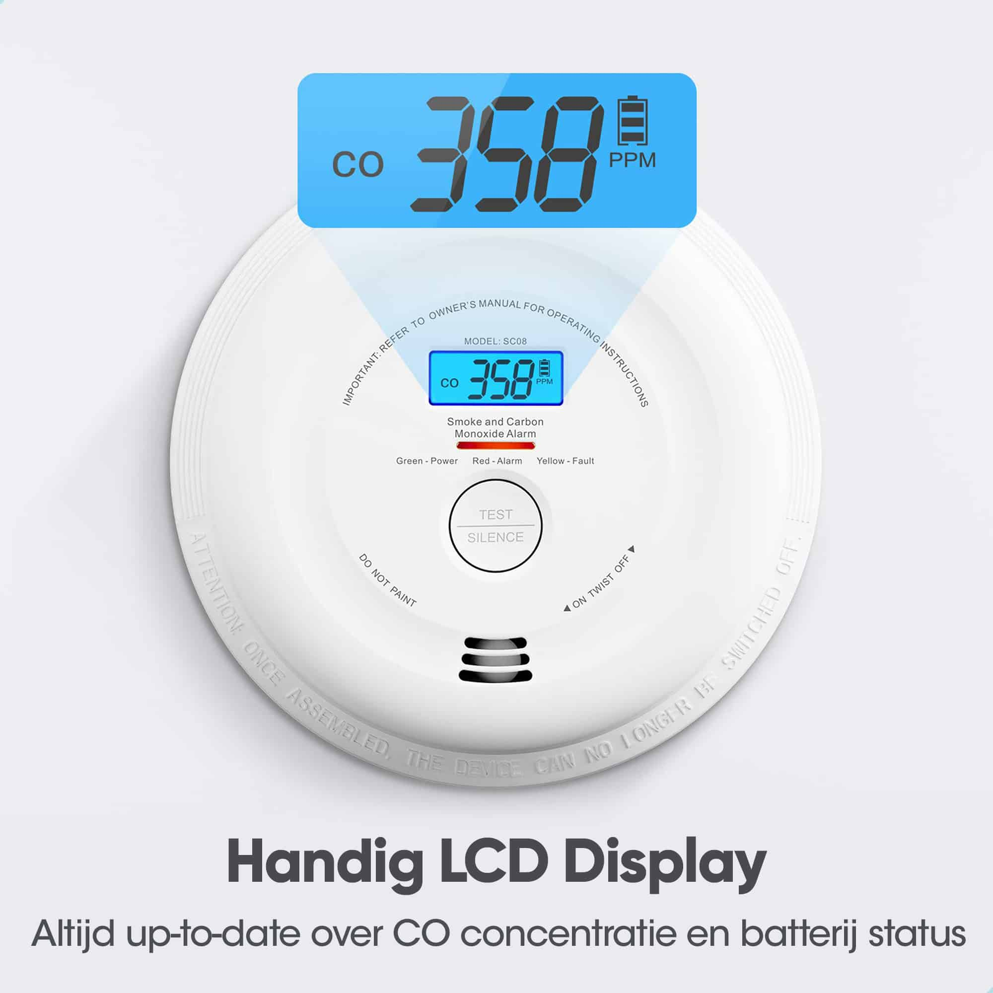 Weißer Rauchmelder mit blauem Display, das CO-Werte anzeigt.
