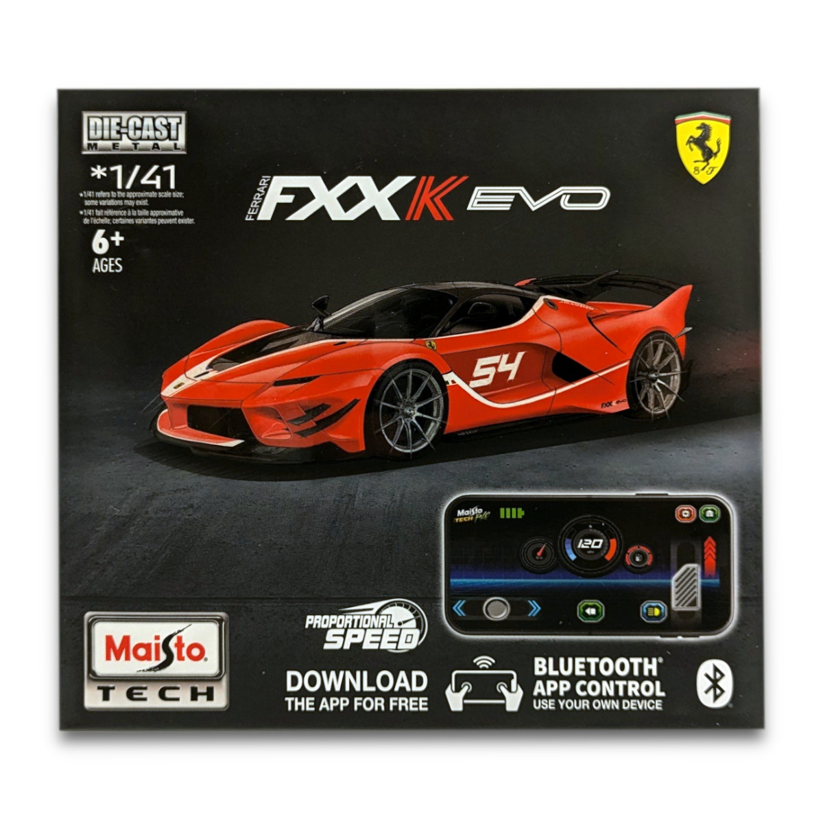 Karton mit einem roten Ferrari-Automodell und Text. Enthält 'Bluetooth App Control'.