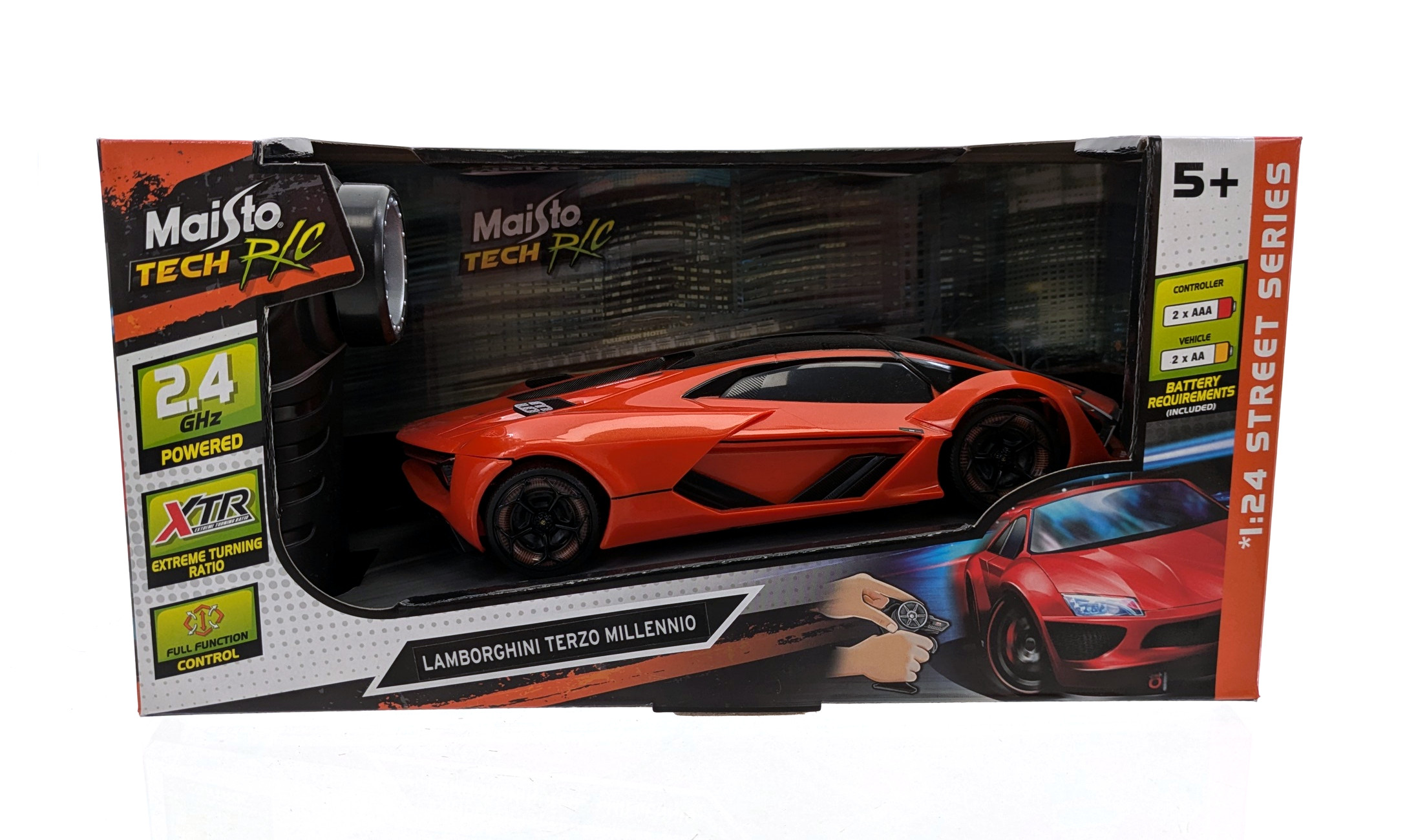 Spielzeugauto in einer Box mit Text und Bildern. Oranges Auto und schwarzer Text.