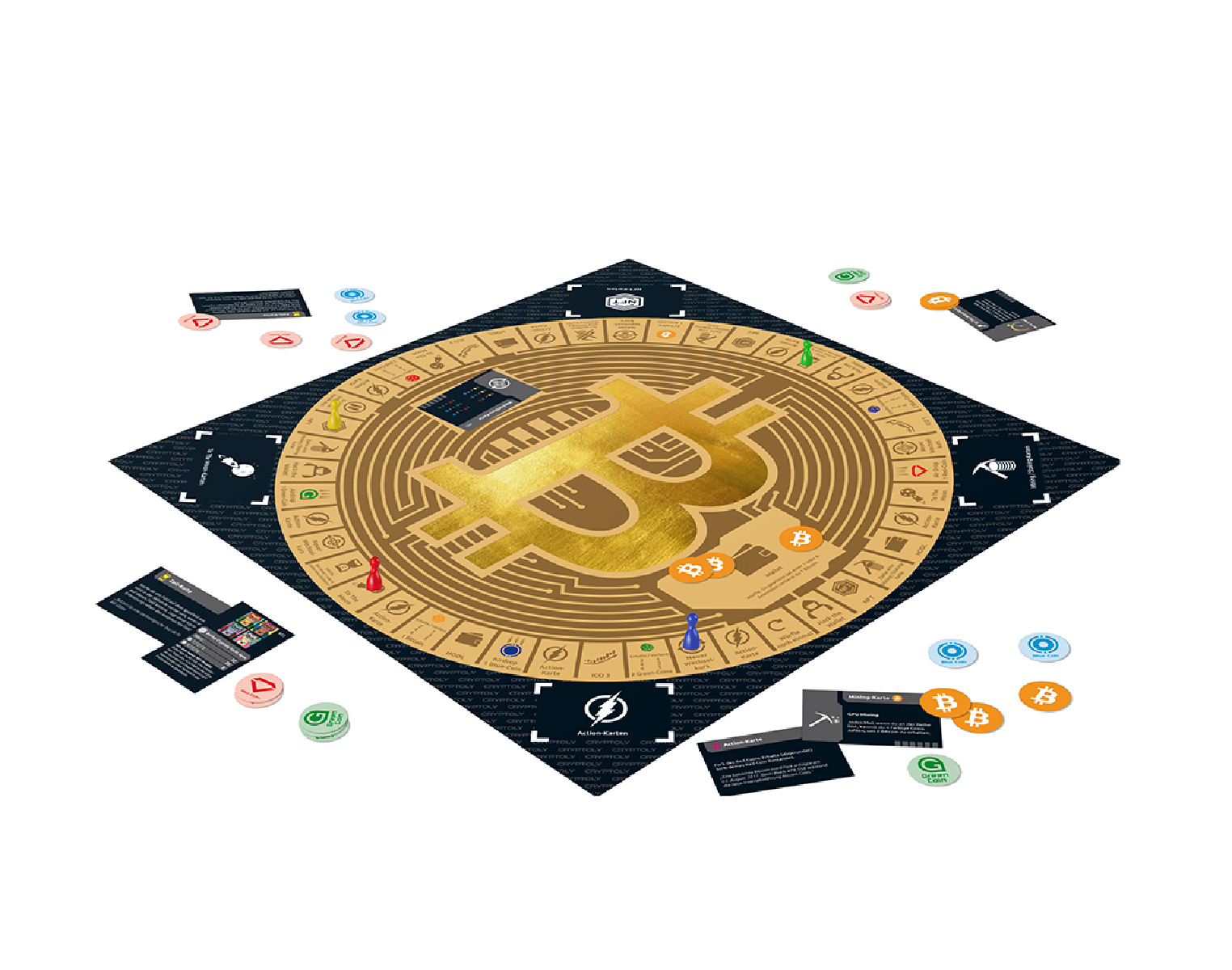 Bitcoin-Brettspiel mit goldenem Bitcoin-Symbol in der Mitte, Spielsteinen und Karten verstreut.