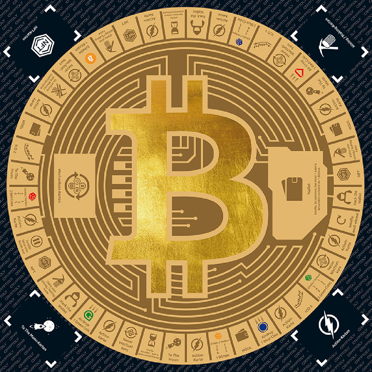 Kreisförmiges Diagramm mit Bitcoin-Logo in der Mitte, umgeben von Symbolen und Text zu Krypto.