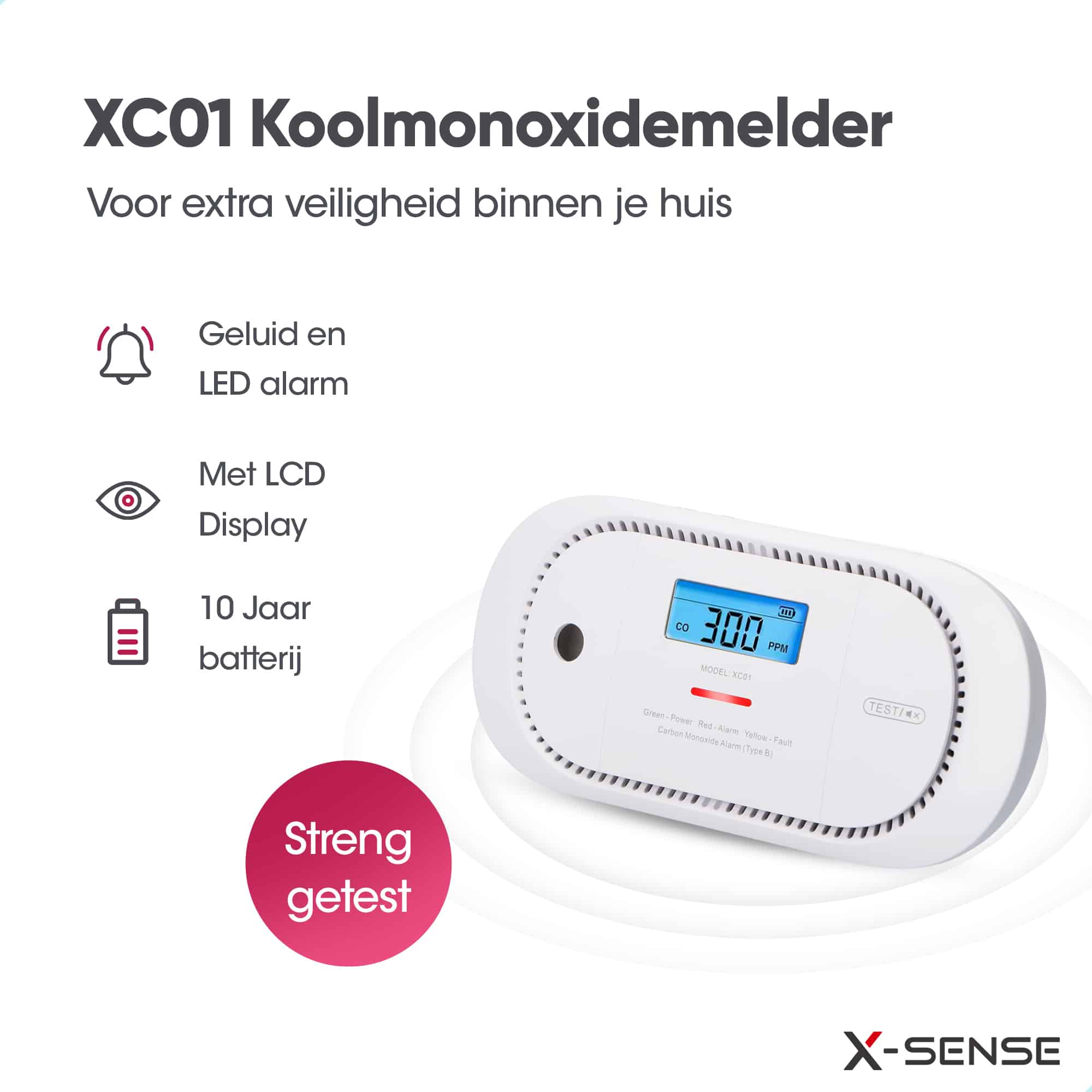 Weißer X-Sense Kohlenmonoxidmelder mit LCD-Bildschirm, der Zahlen und Symbole anzeigt.