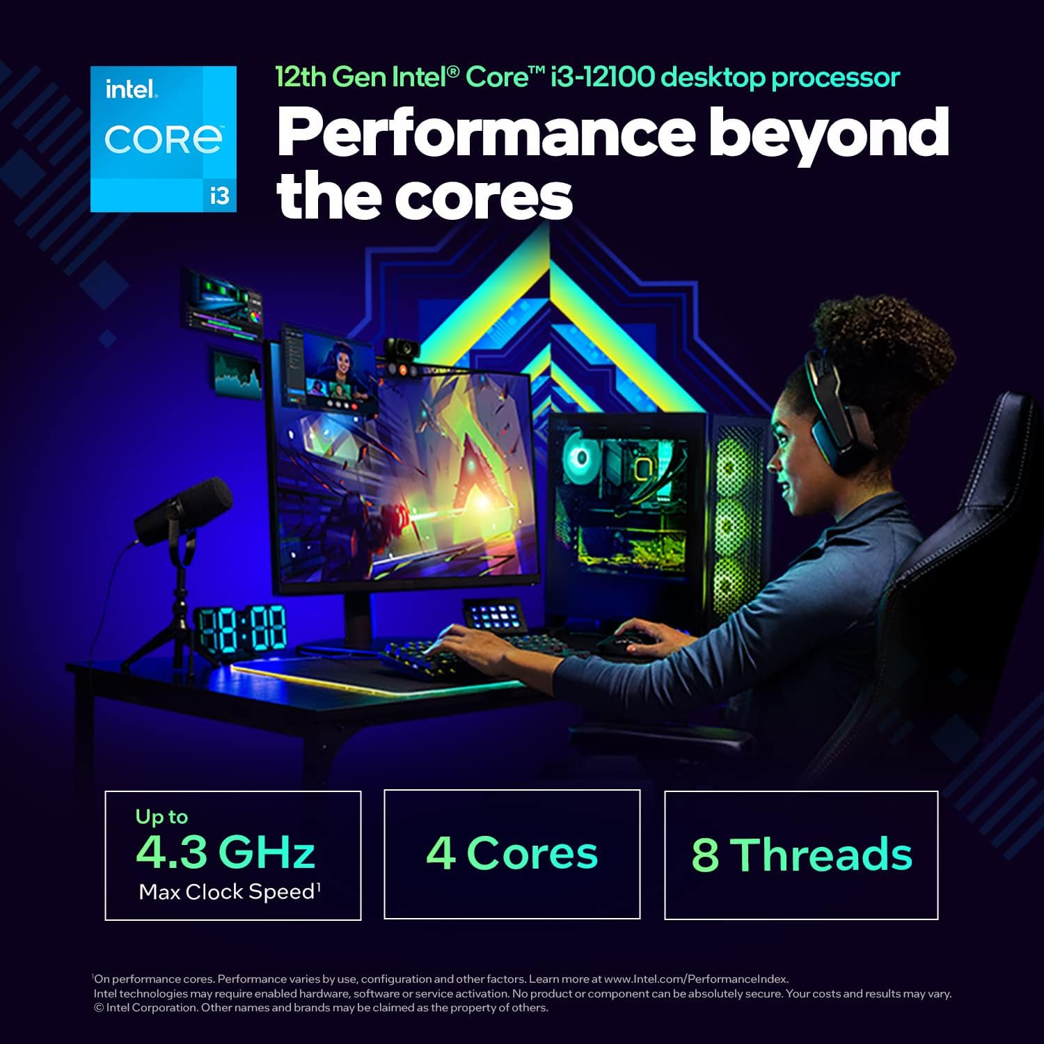 Mujer con auriculares trabaja en una computadora de escritorio. Texto sobre el procesador Intel Core i3.