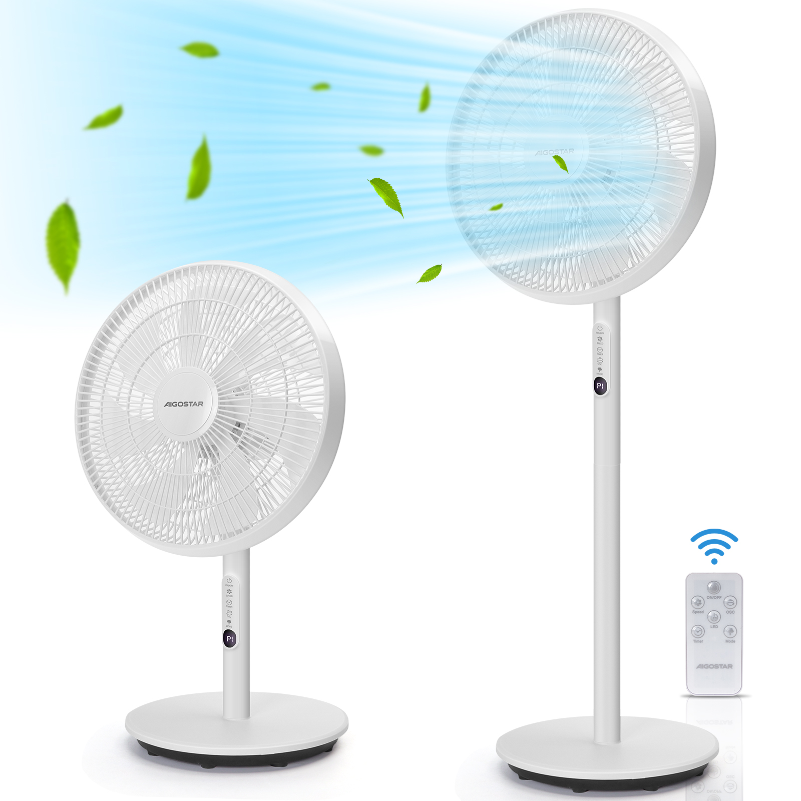Due ventilatori bianchi con supporti. Foglie verdi che soffiano. Telecomando in vista.