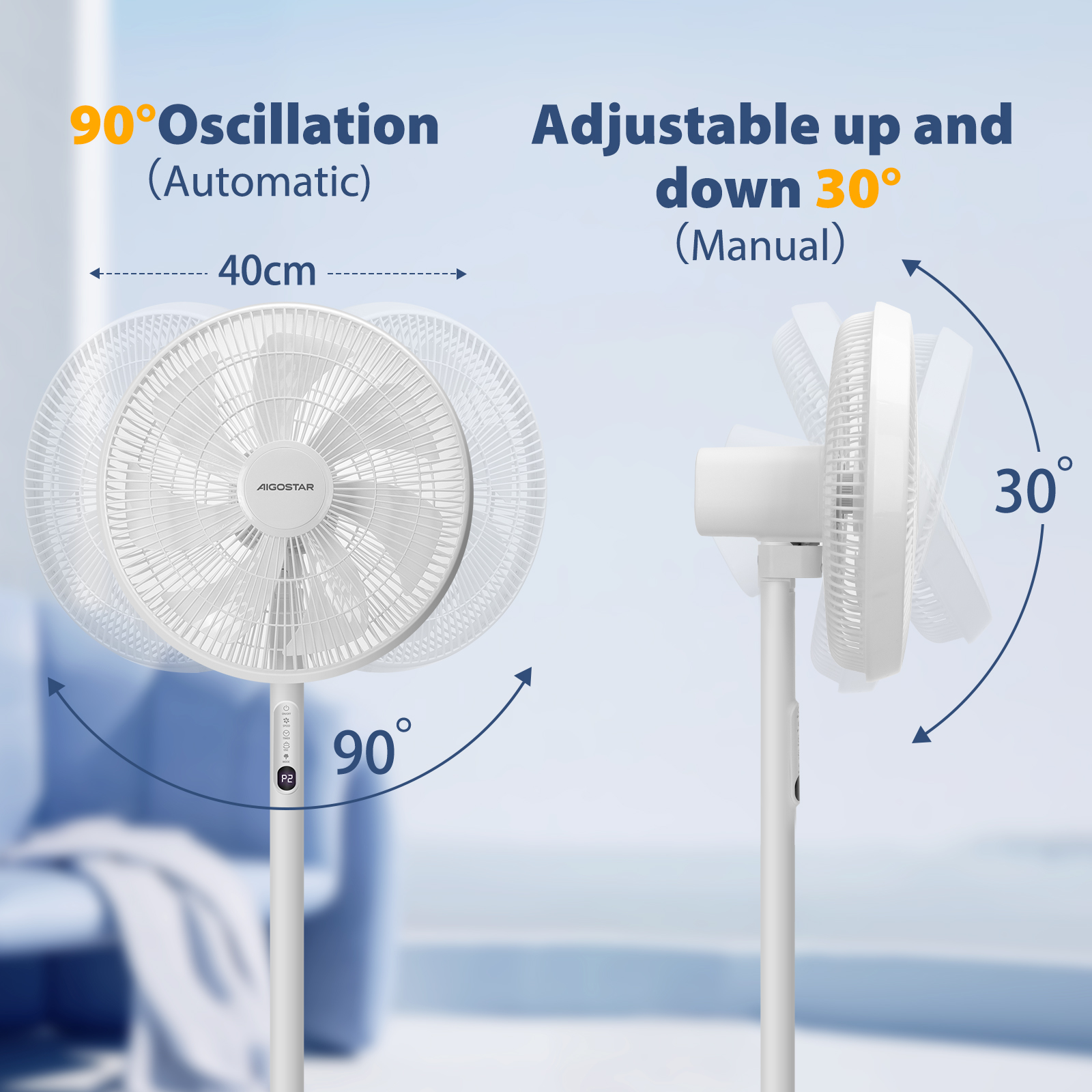 Diagramma del ventilatore. Oscillazione a 90° con una funzione su e giù regolabile di 30°.