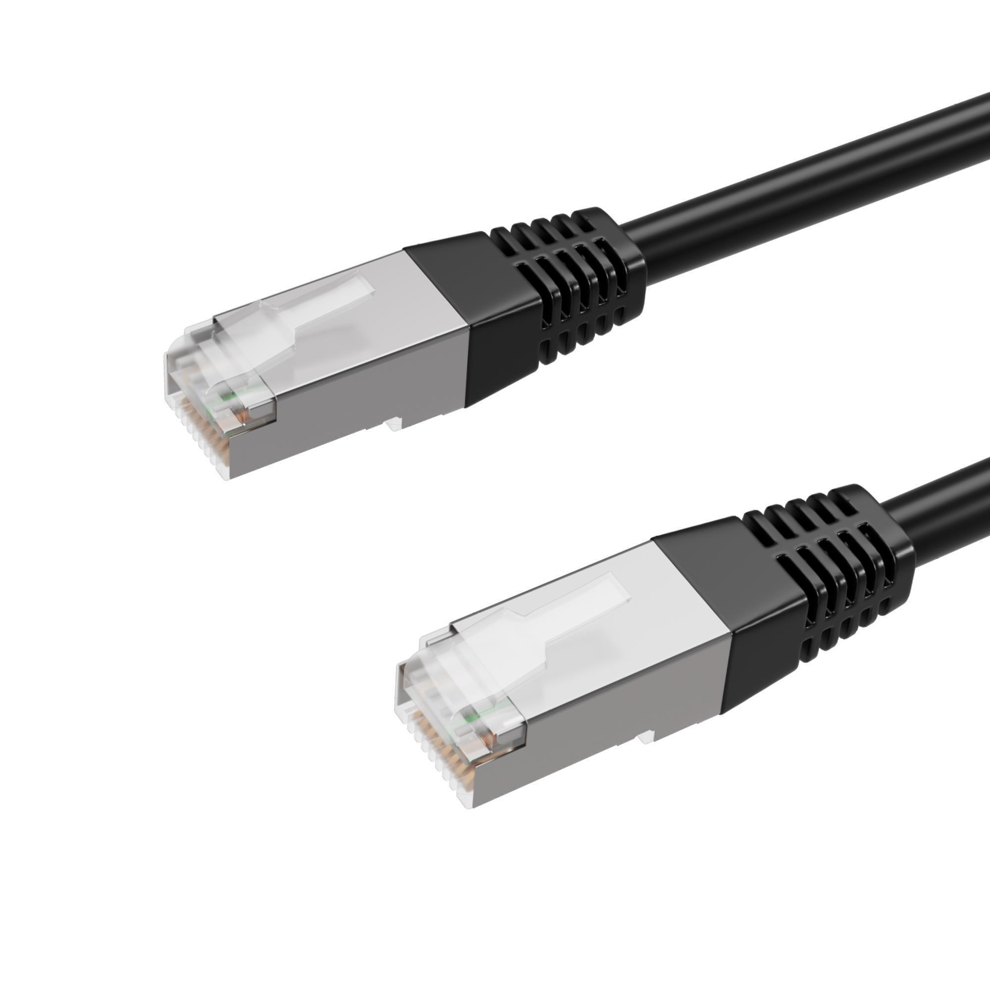 Zwei schwarze Ethernet-Kabel mit RJ45-Steckern. Kabel sind nah und abgewinkelt.