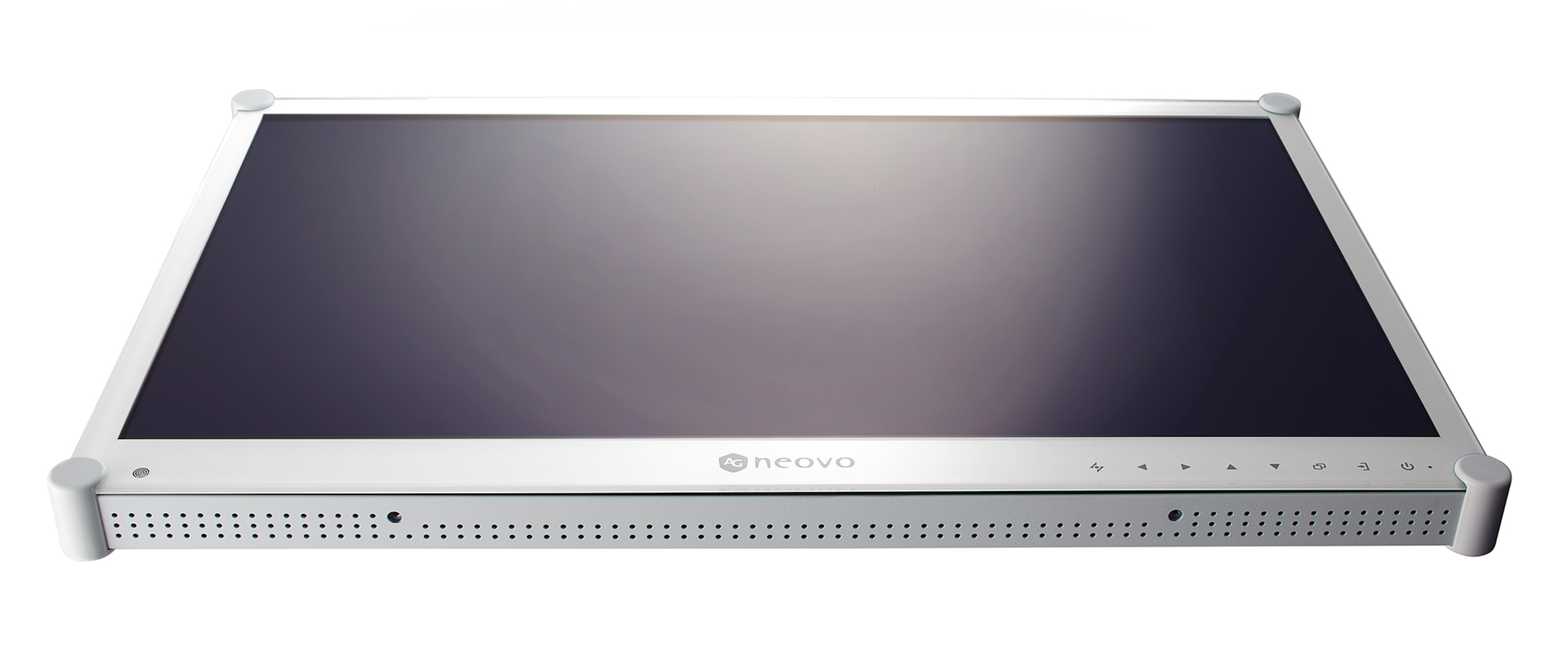 Un monitor per computer bianco con una sottile cornice, leggermente inclinato verso l'alto.