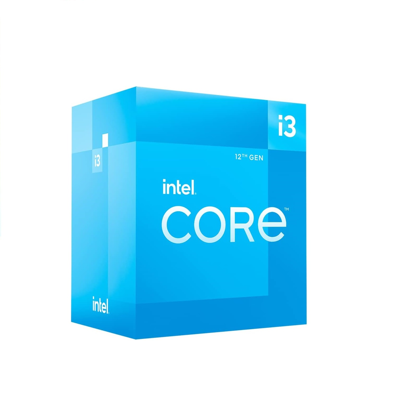 Caja azul del procesador Intel Core i3. Caja azul y blanca con el logotipo y la marca Intel Core i3. Fondo blanco.