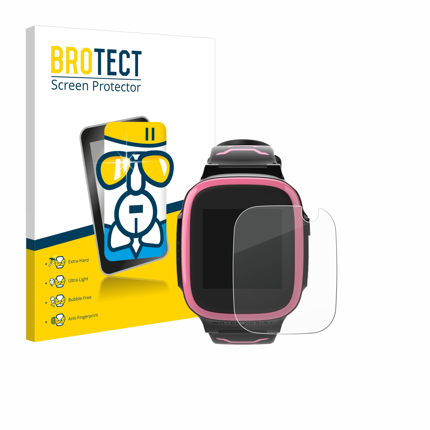 Pinke und schwarze Smartwatch mit Displayschutz und Displayschutzbox.