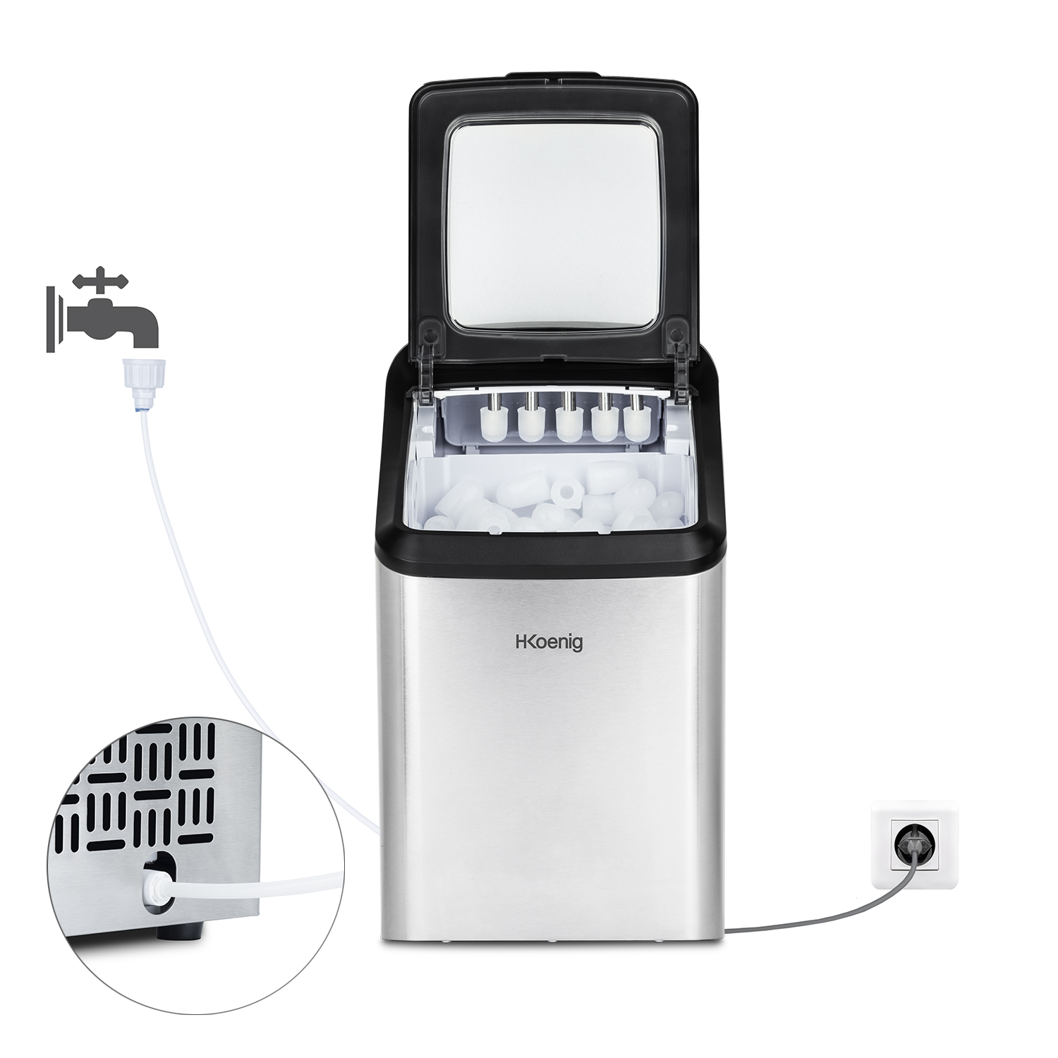 Wytwornica lodu ze stali nierdzewnej, otwarta z lodem i przewodami wody.