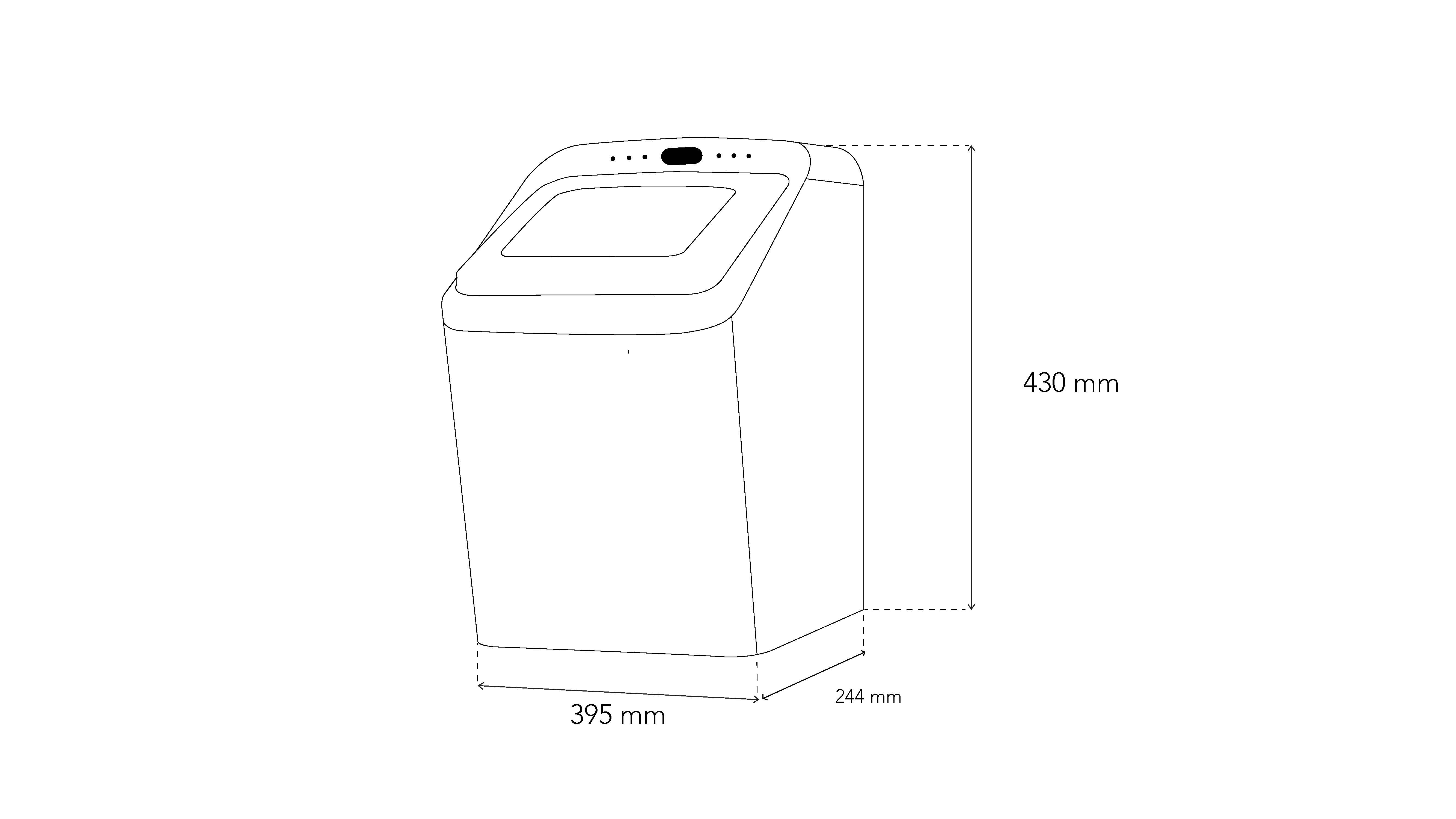 Rysunek linii białej pralki z wymiarami: 395x244x430 mm.