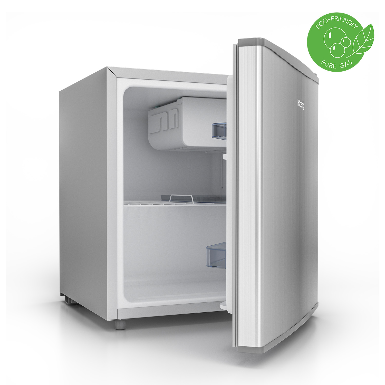 Mini-frigo argento aperto con interno visibile ed adesivo ecologico.