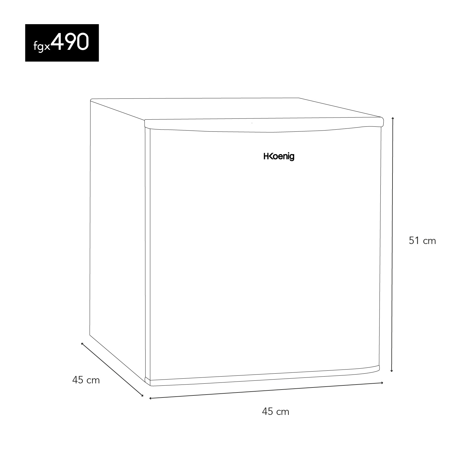 Disegno lineare di un piccolo congelatore quadrato. Include dimensioni in centimetri. Marchio HKoenig visibile.