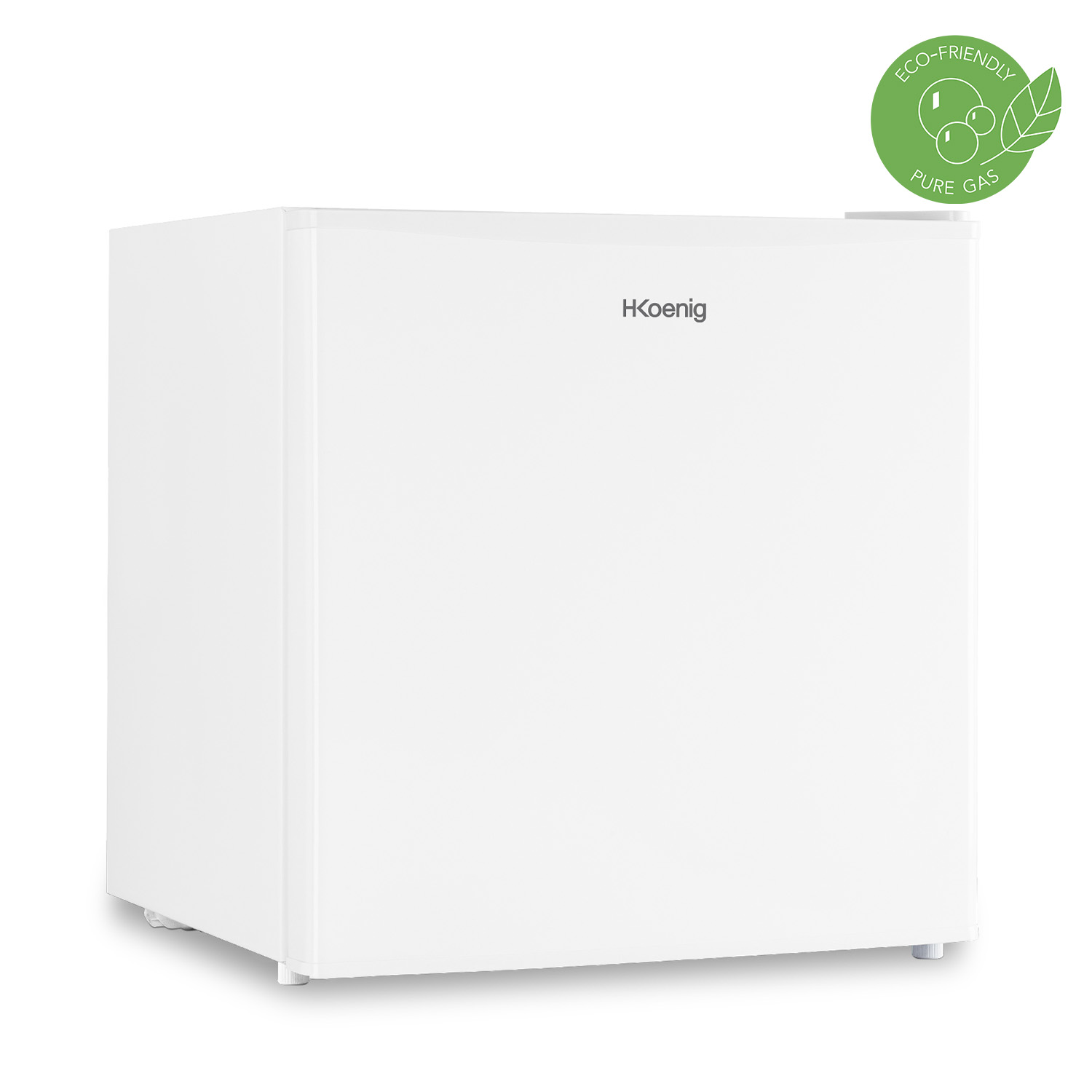 Mini frigo bianco con logo HKoenig e adesivo ecologico sopra.
