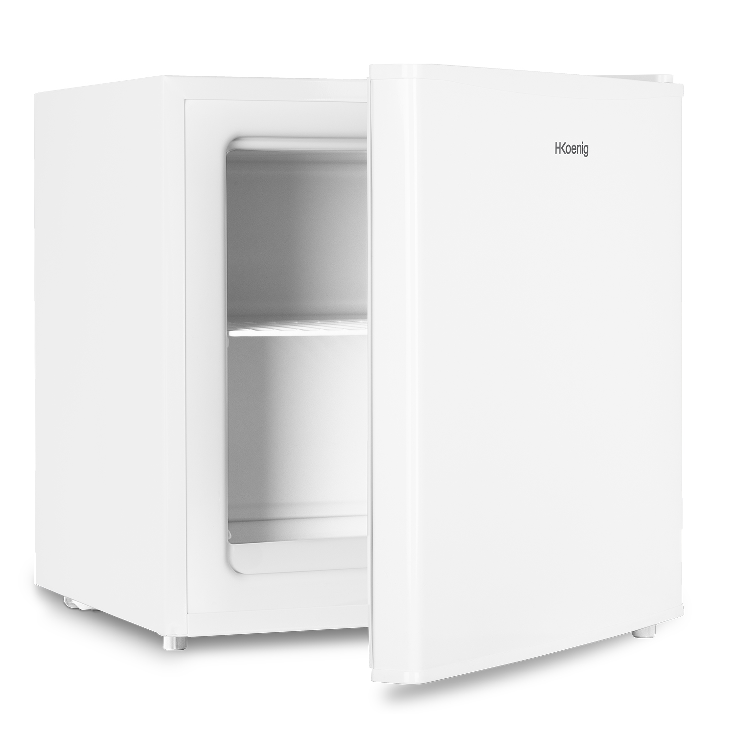 Un mini-frigorifero bianco con la porta aperta, che mostra l'interno del frigo.