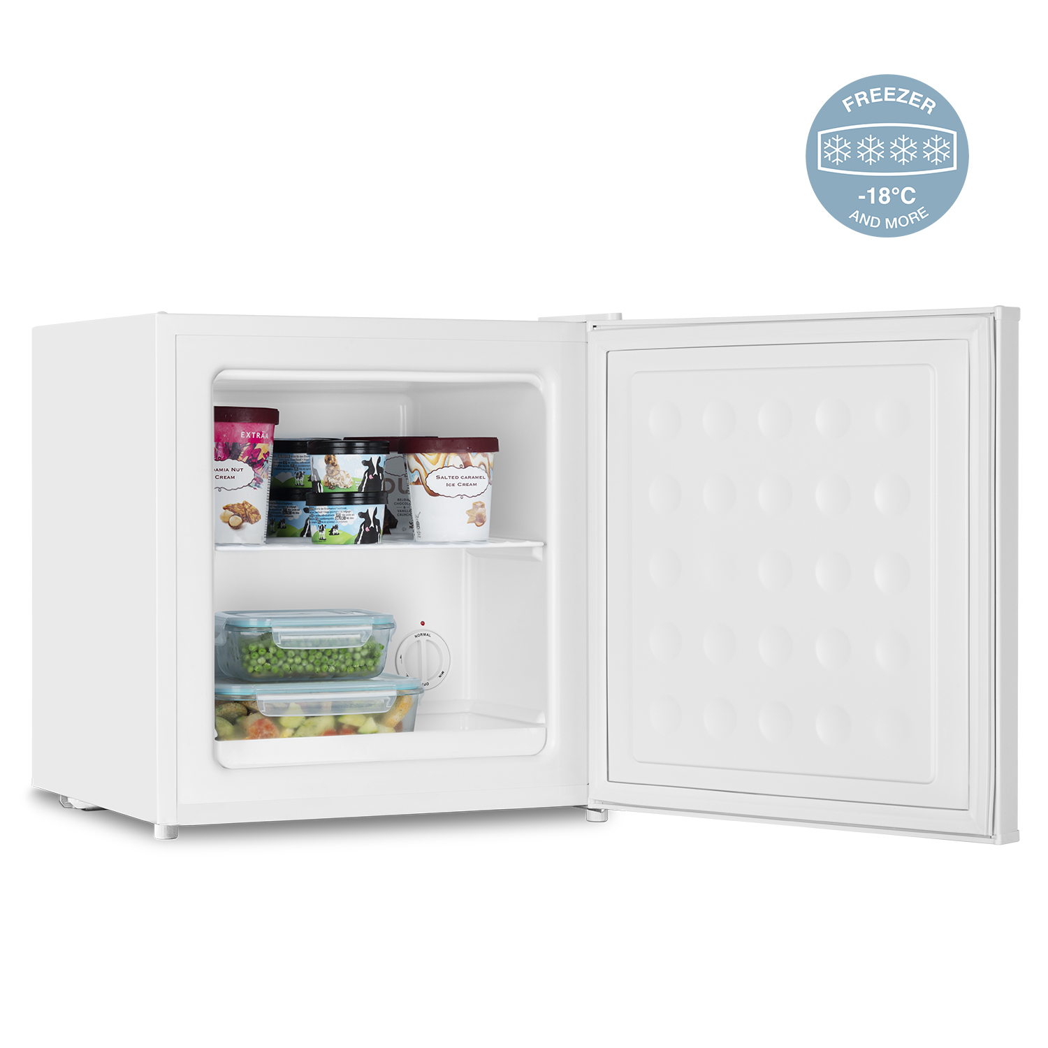 Mini-freezer aperto. Contiene vaschette di gelato e contenitori di cibo. Simbolo freezer in alto.