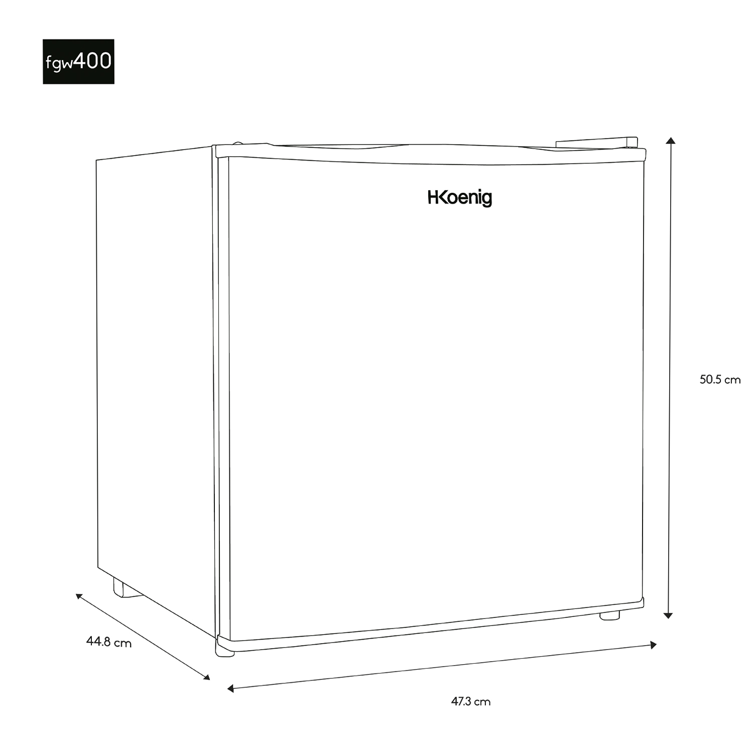 Contorno bianco di un frigorifero con dimensioni e testo 'fgw400'.