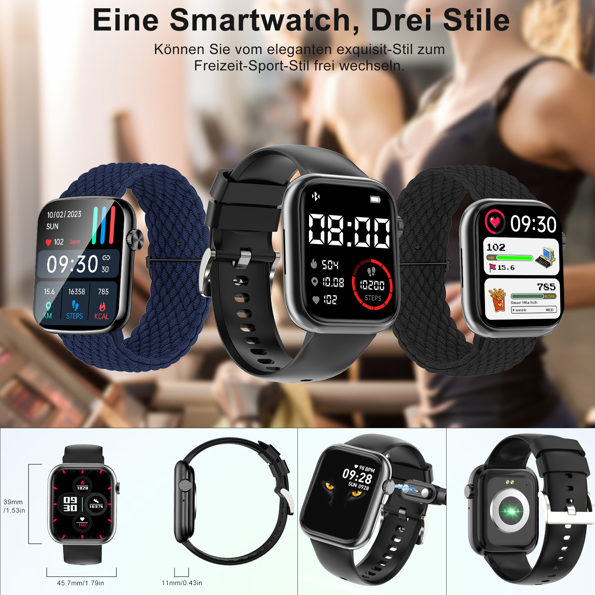 Smartwatches in verschiedenen Stilen, mit blauen und schwarzen Armbändern.