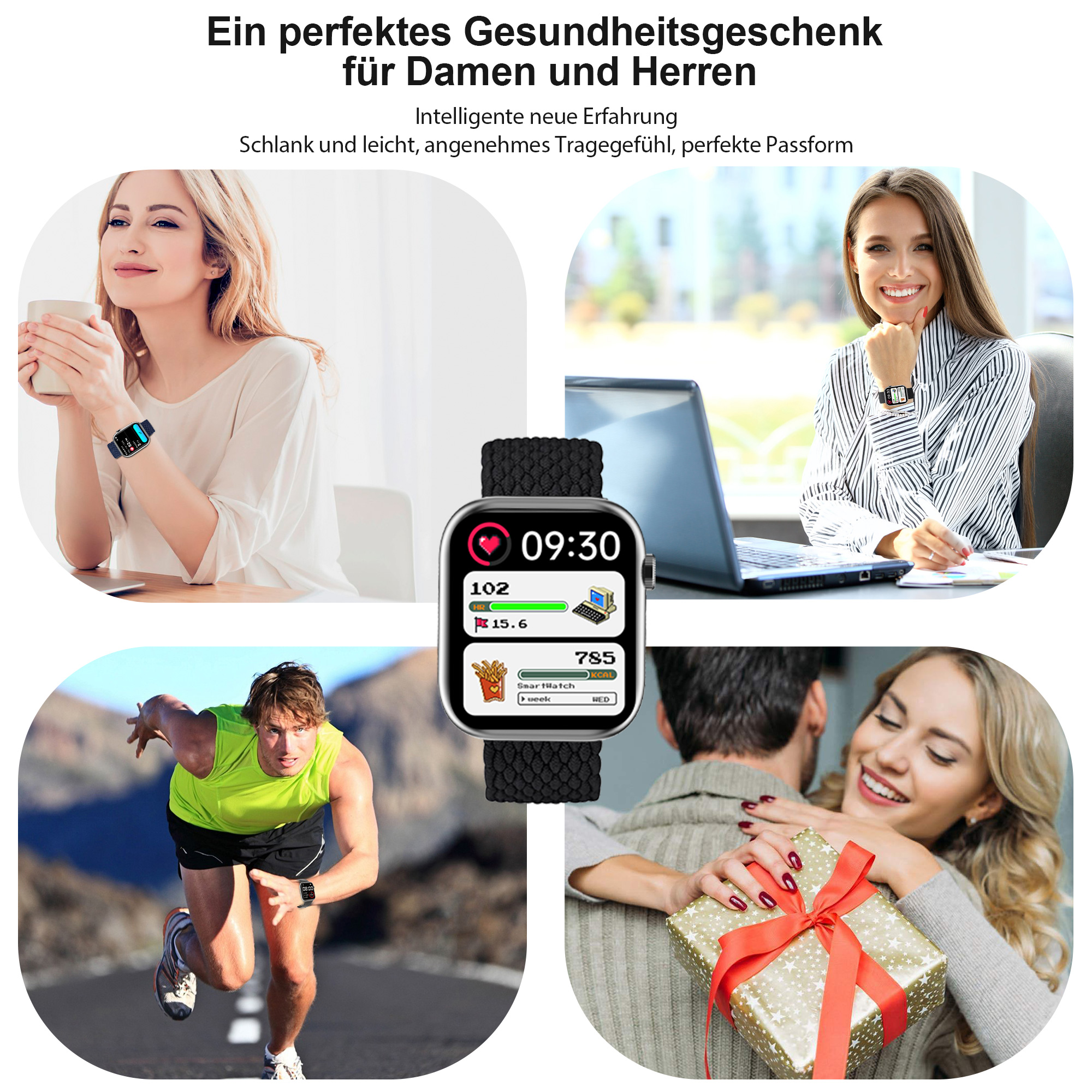 Das Bild zeigt Menschen mit Smartwatches; der Text lautet 'Ein perfektes Gesundheitsgeschenk für Männer und Frauen'.