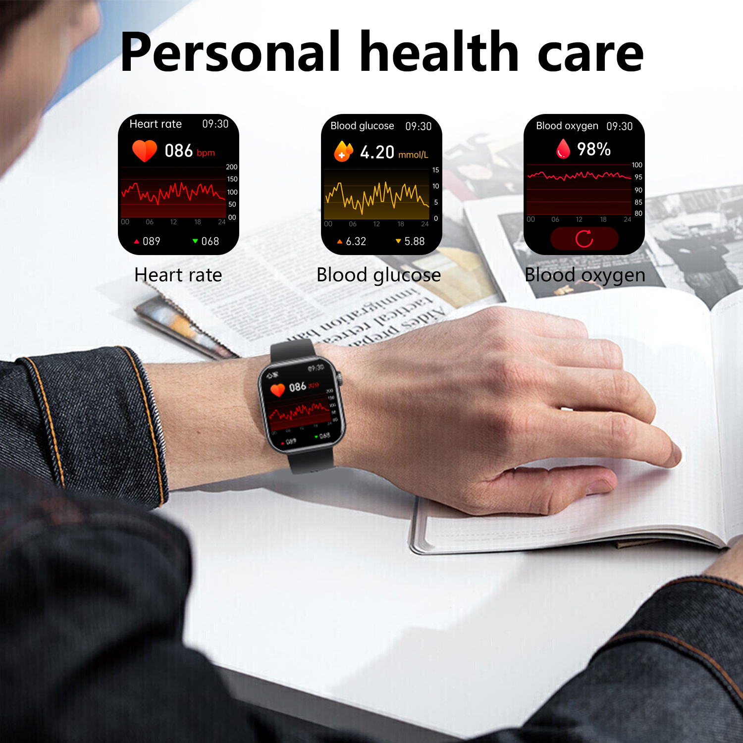 Handgelenk einer Person mit Smartwatch, die Gesundheitsmetriken anzeigt: Herzfrequenz, Blutzucker und Sauerstoffgehalt im Blut.