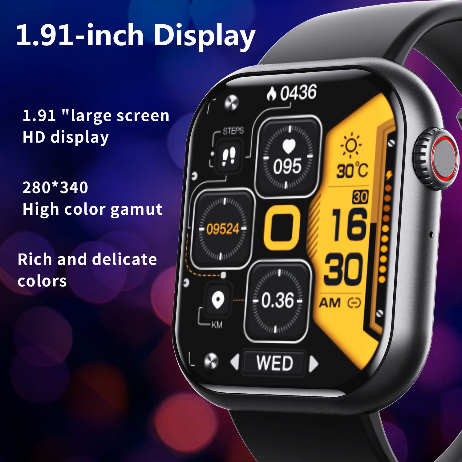 Smartwatch mit schwarzem Armband. Es zeigt Zeit, Schritte und andere Gesundheitsmetriken an.