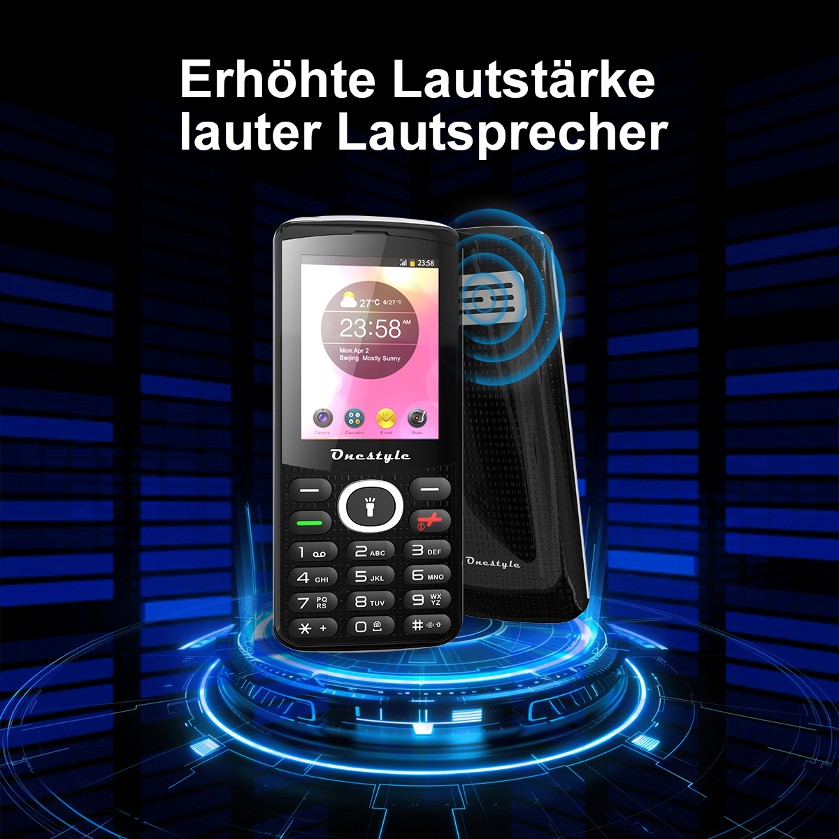 Ein schwarzes Mobiltelefon mit zwei Bildschirmen. Der Text auf dem Bildschirm lautet 23:58, meist sonnig.