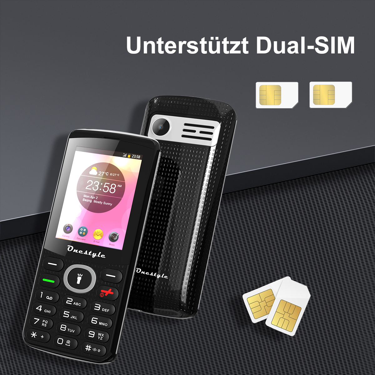 Schwarzes Mobiltelefon mit Bildschirm, einer Rückabdeckung und zwei SIM-Karten vor schwarzem Hintergrund.