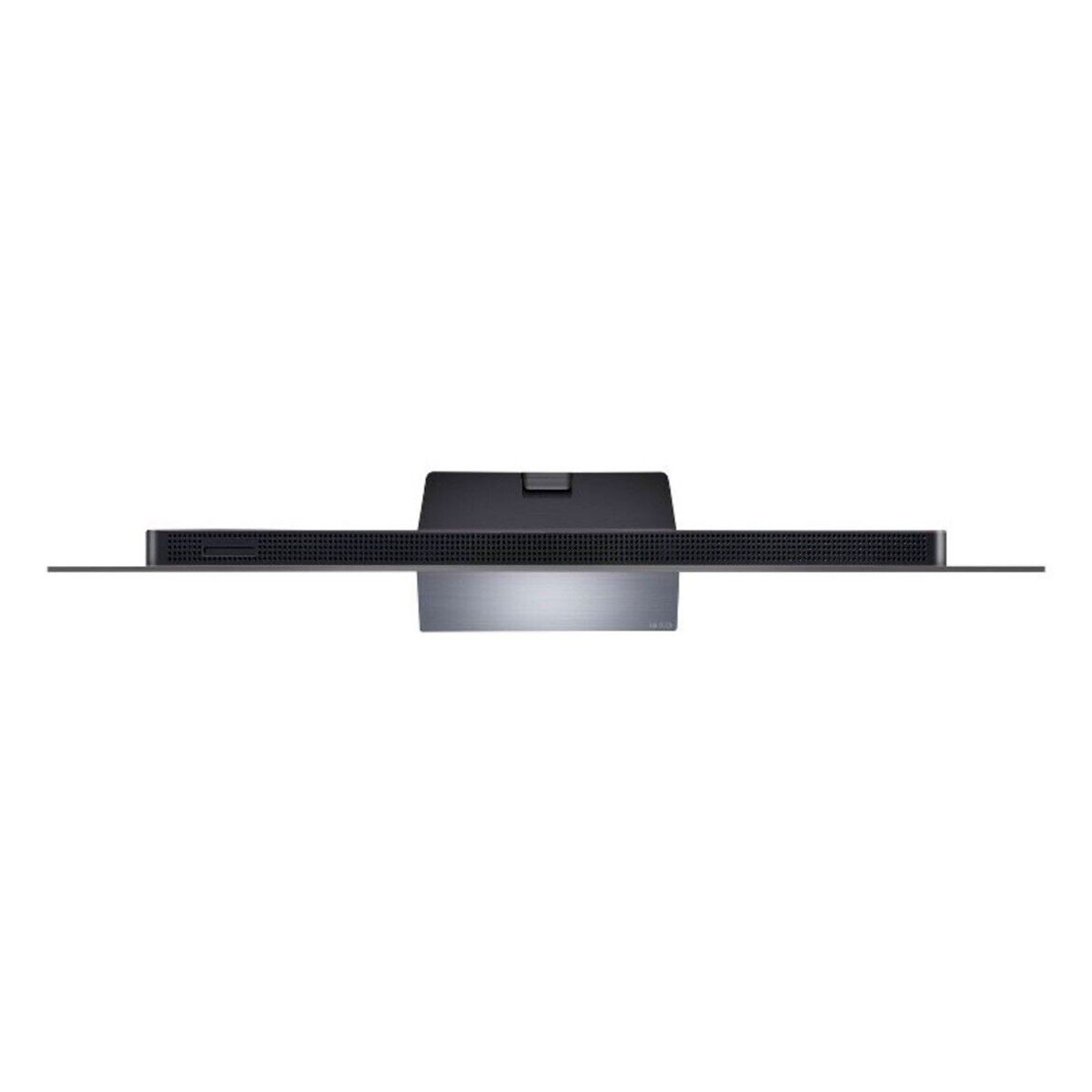 Vista superior de un televisor negro con soporte plateado sobre fondo blanco.